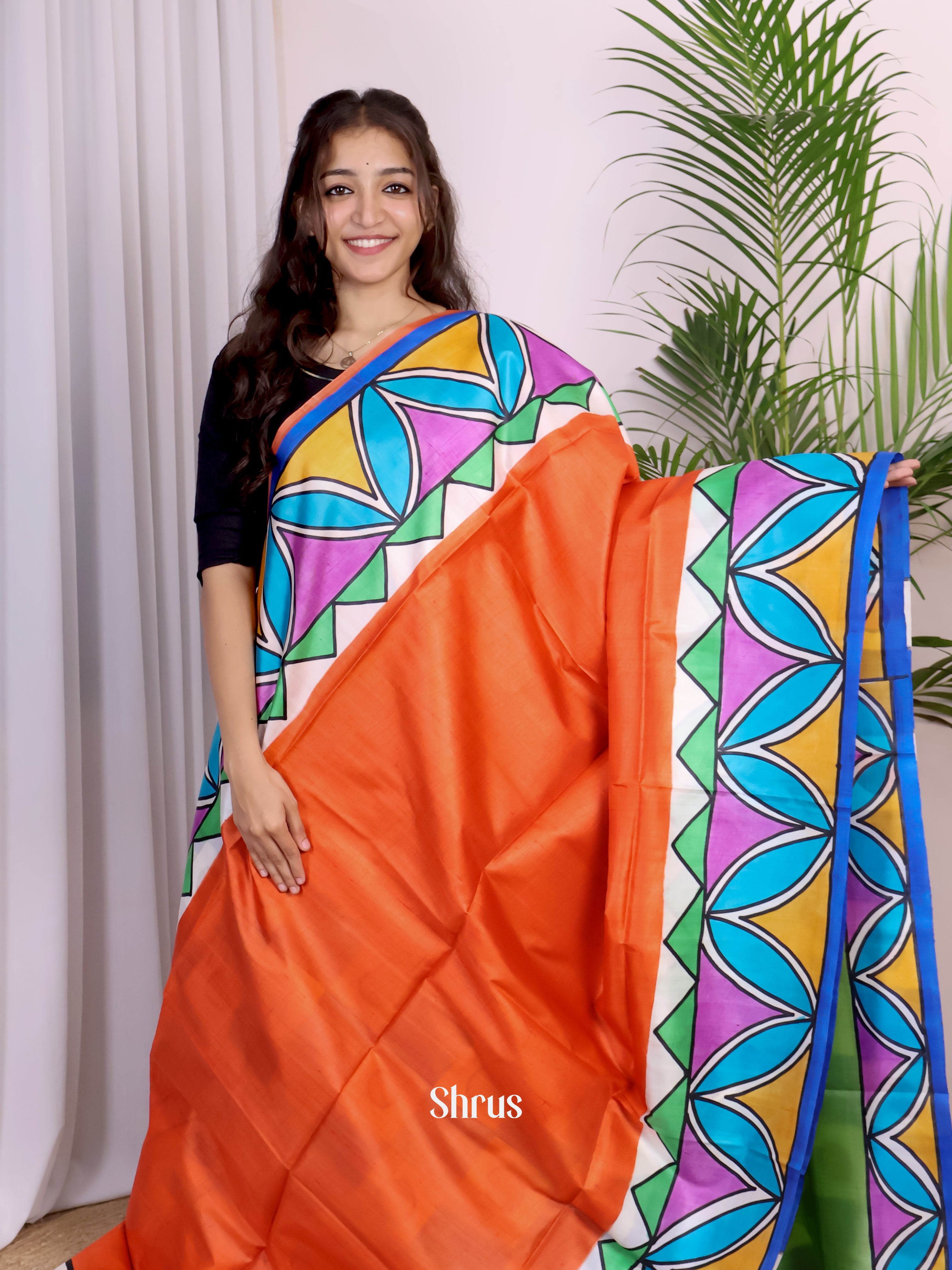 Orange & Green- Murshidabad Silk Saree