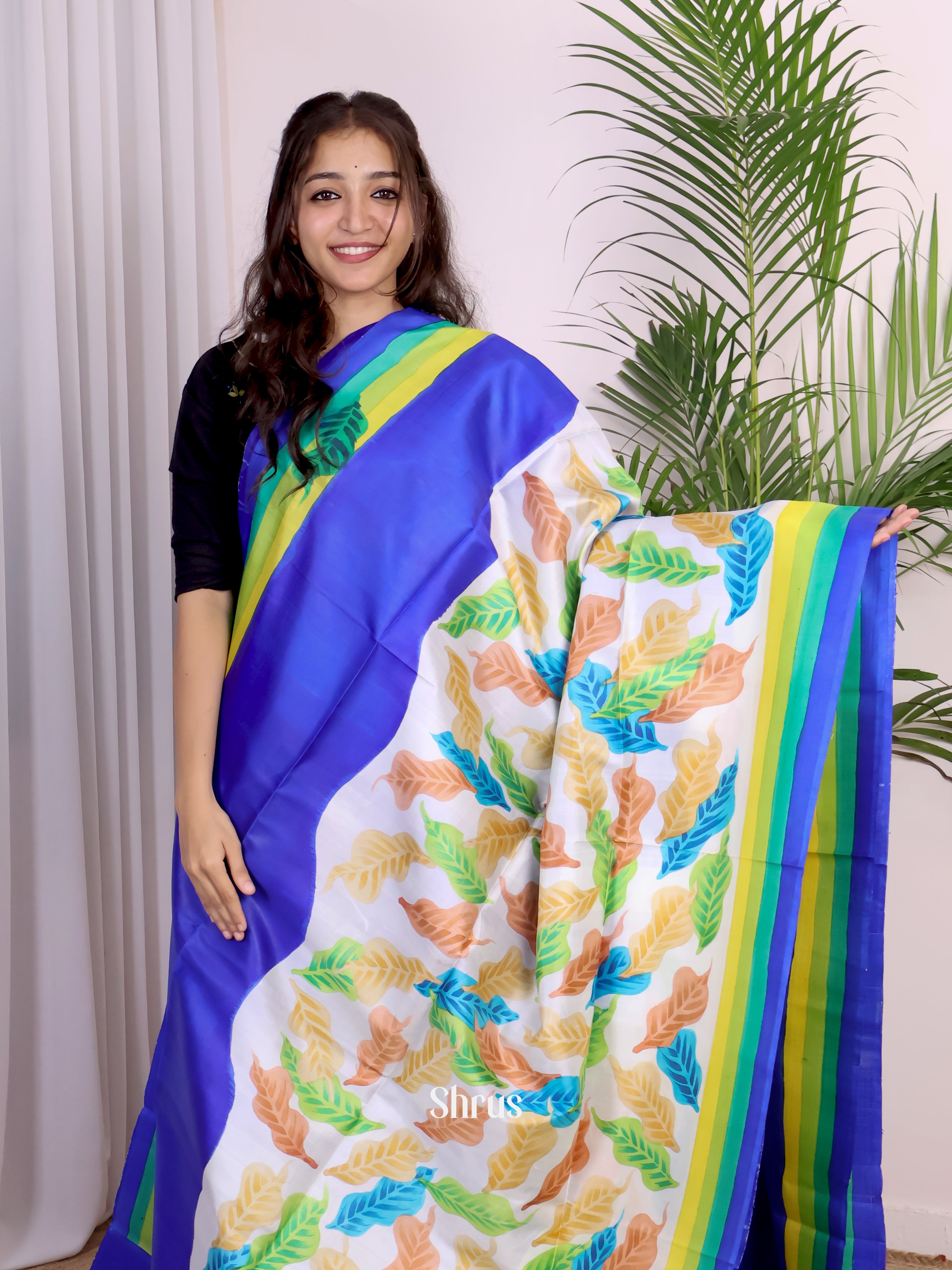 Blue & Cream - Murshidabad Silk Saree