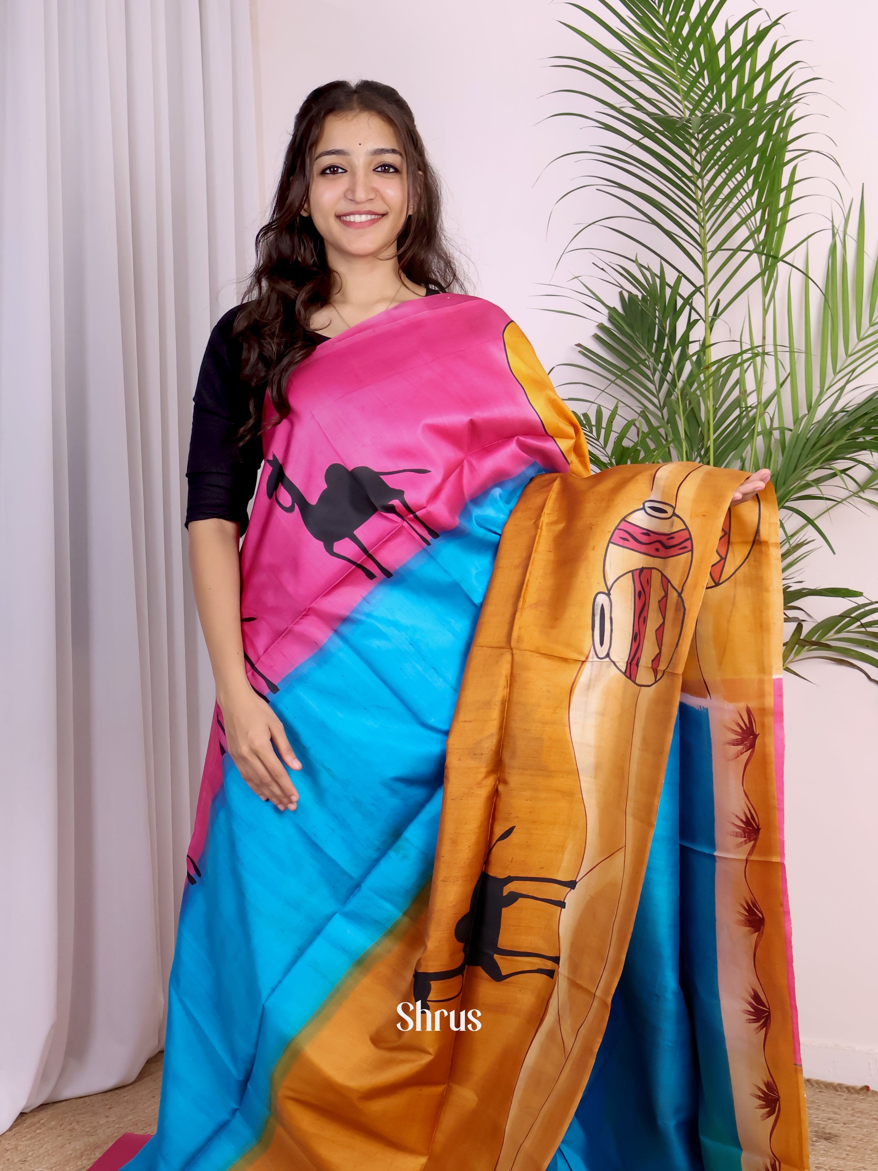 Blue & Pink - Murshidabad Silk Saree