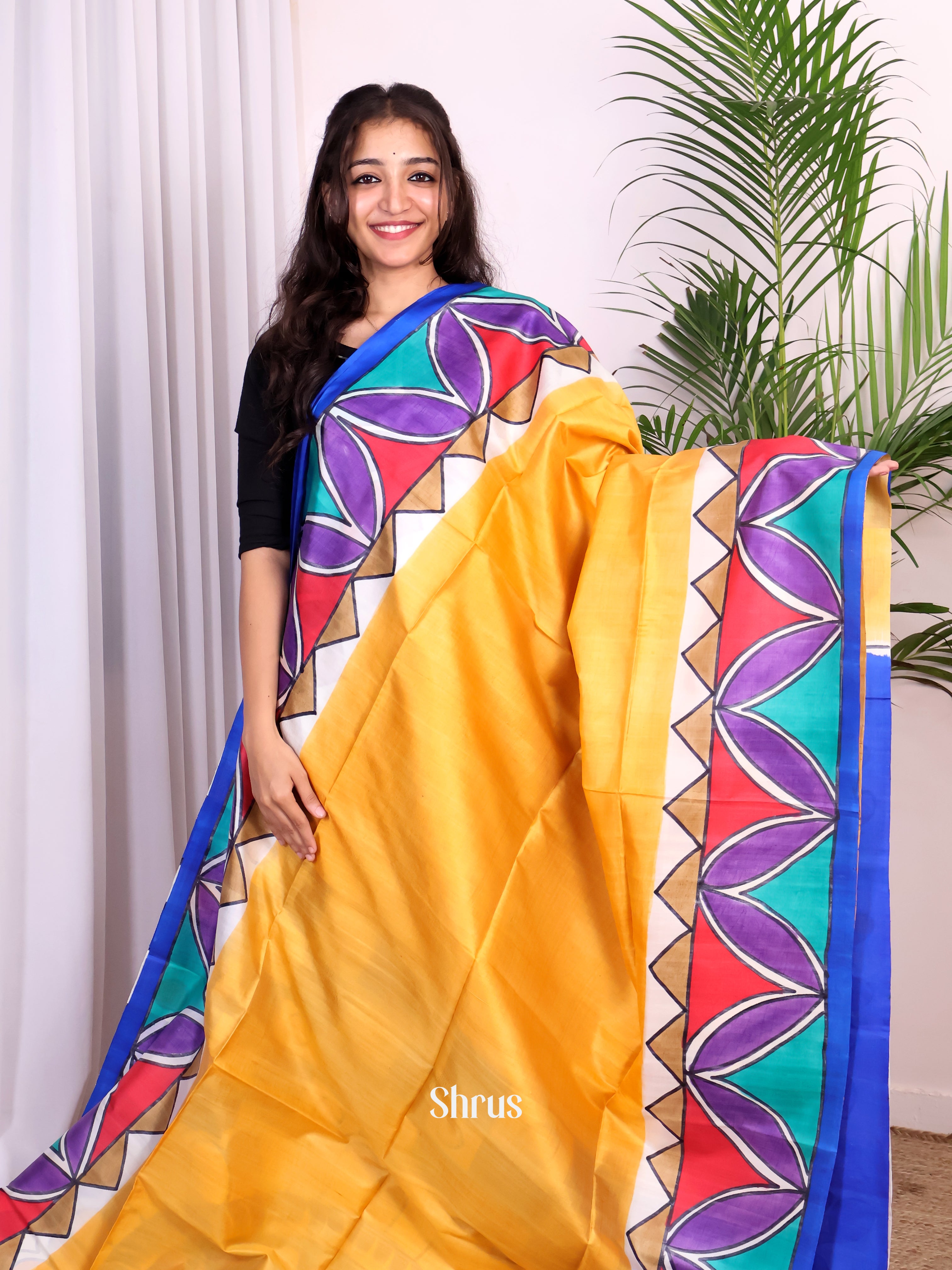 Yellow & Blue  - Murshidabad Silk Saree