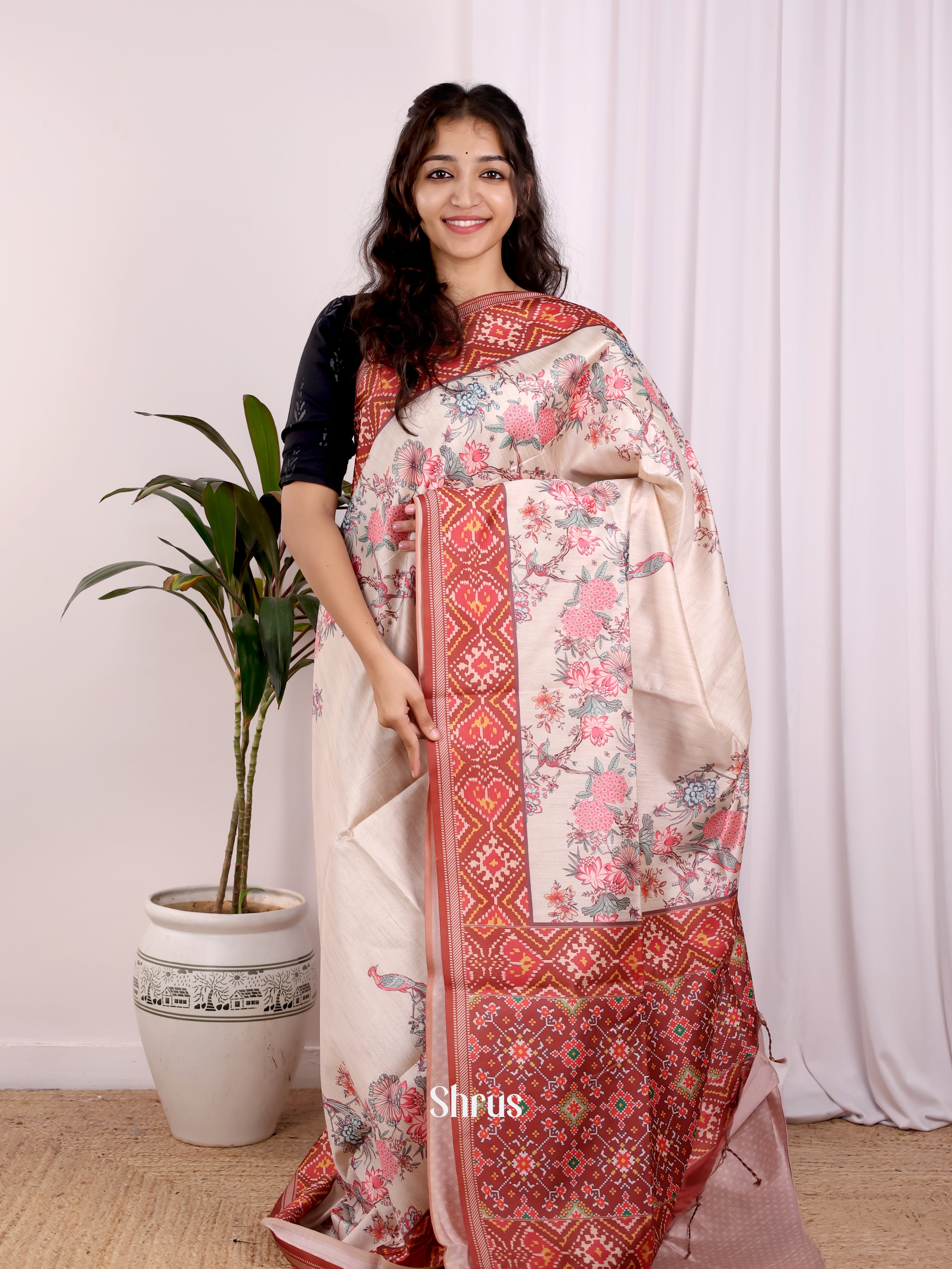 Cream & Brown - Champa semitussar Saree