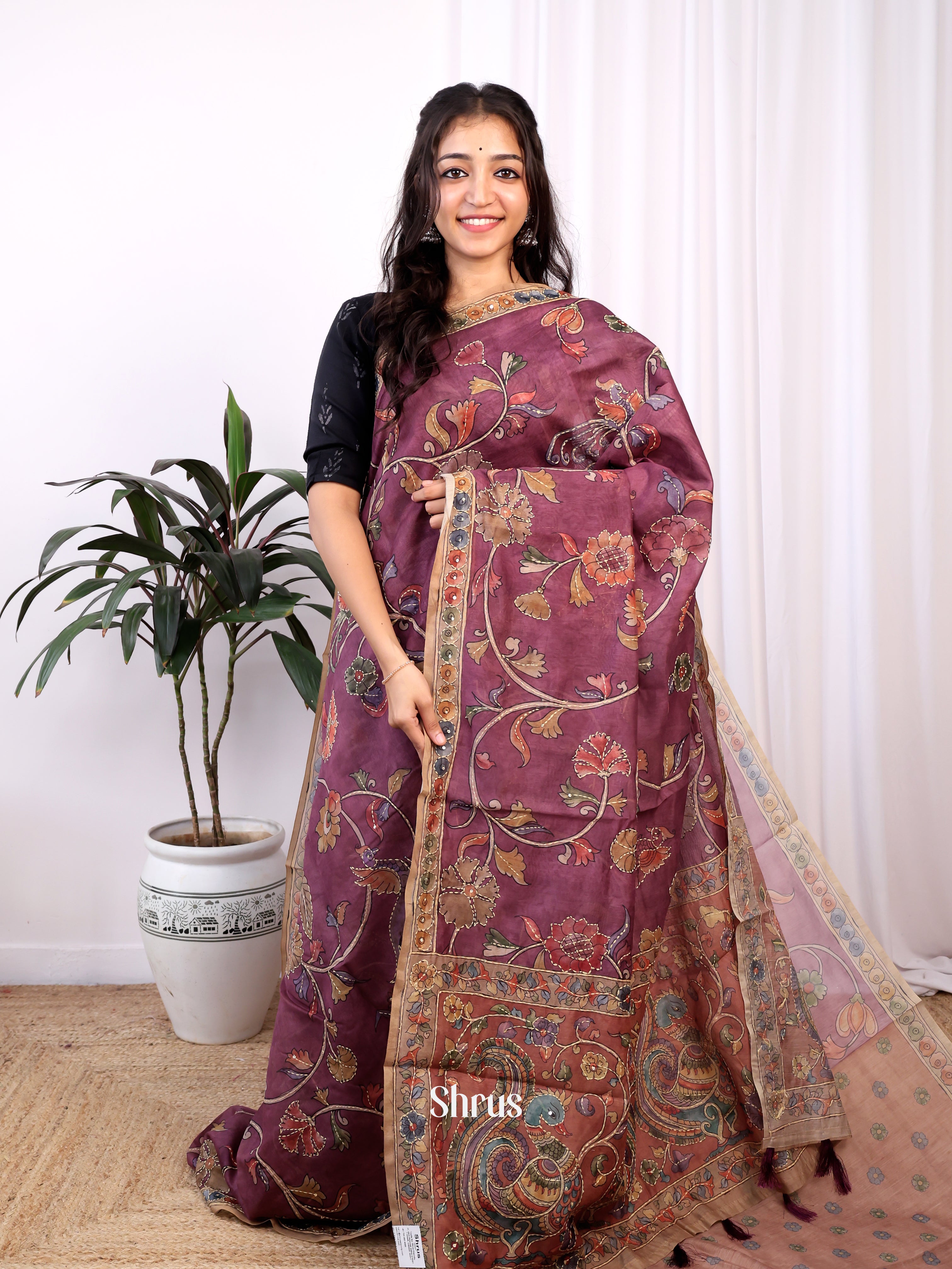 Purple  & Brown - Semi Kantha Saree - Shop on Shrus.com