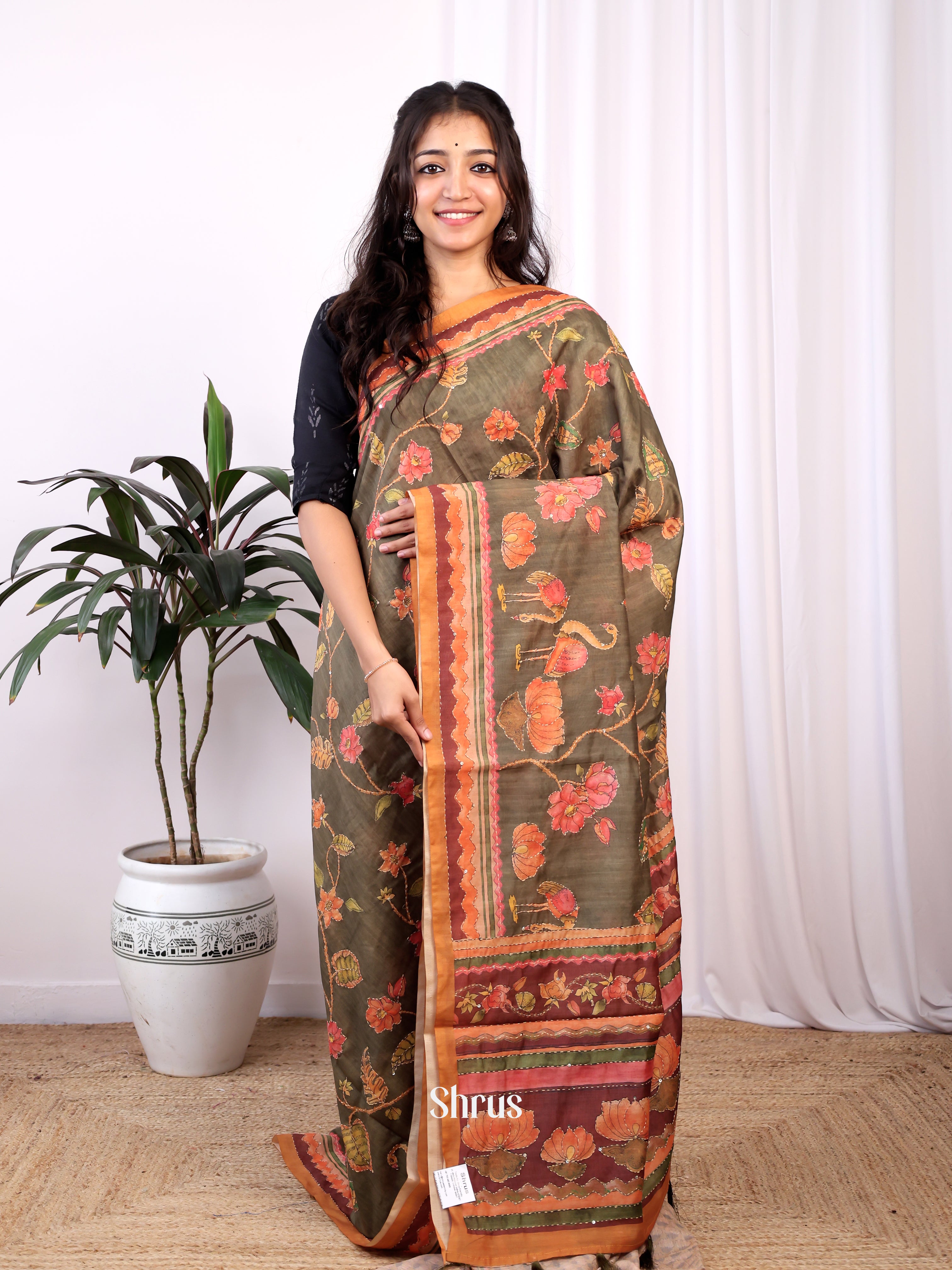 Grey & Brown - Semi Kantha Saree