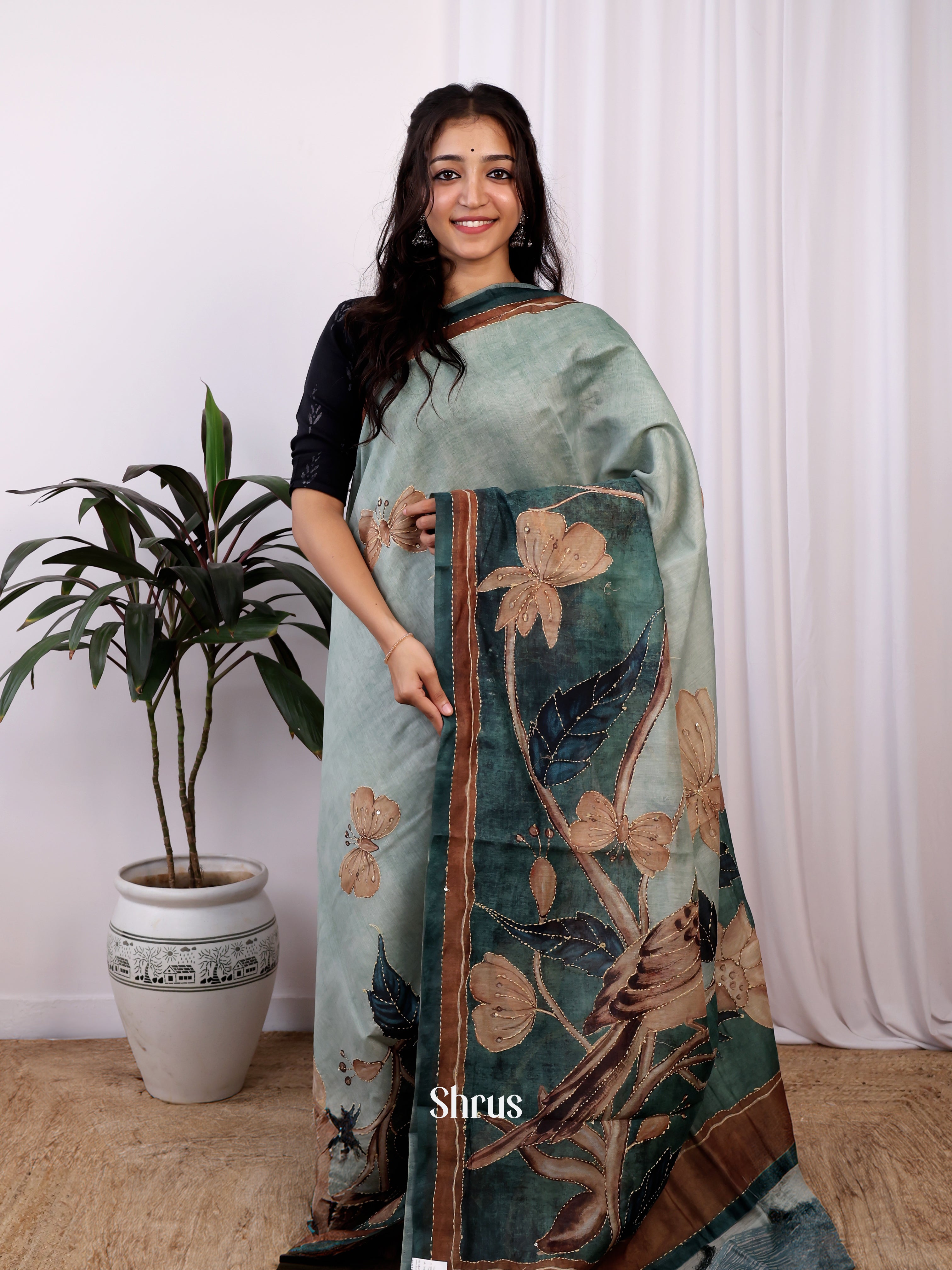 Pastel Green- Semi Kantha Saree - Shop on Shrus.com