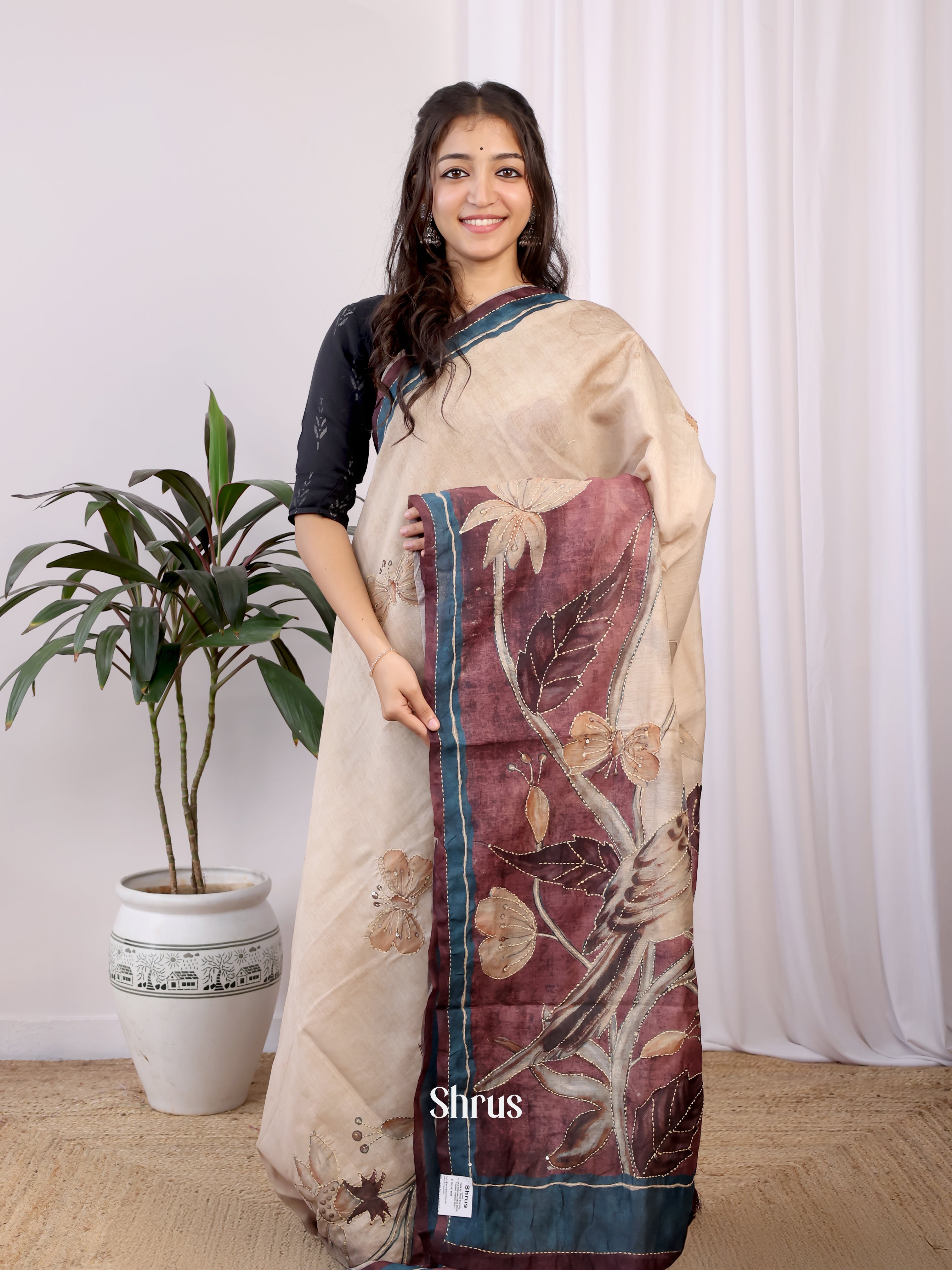 Cream & Brown - Semi Kantha Saree - Shop on Shrus.com