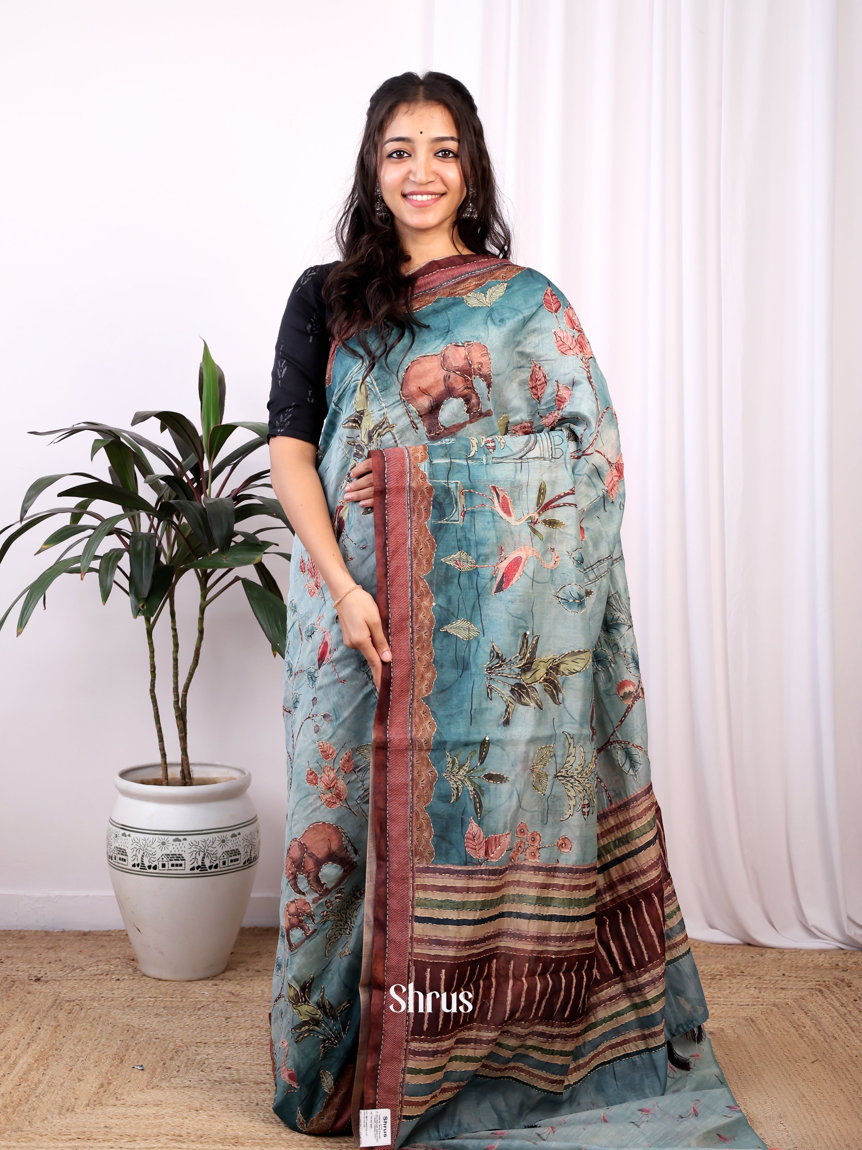 Blue & Brown - Semi Kantha Saree