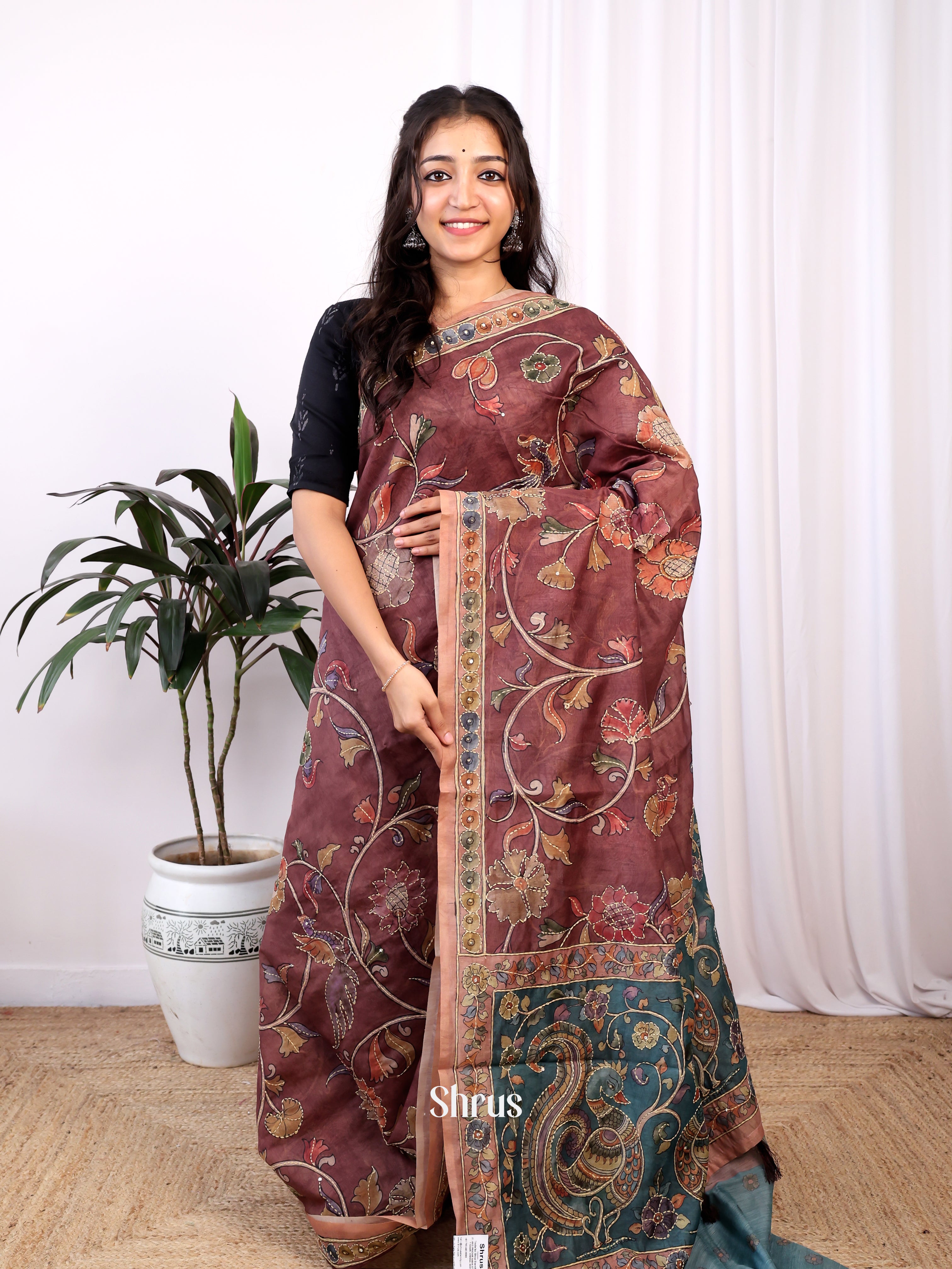 Brown & Green - Semi Kantha Saree