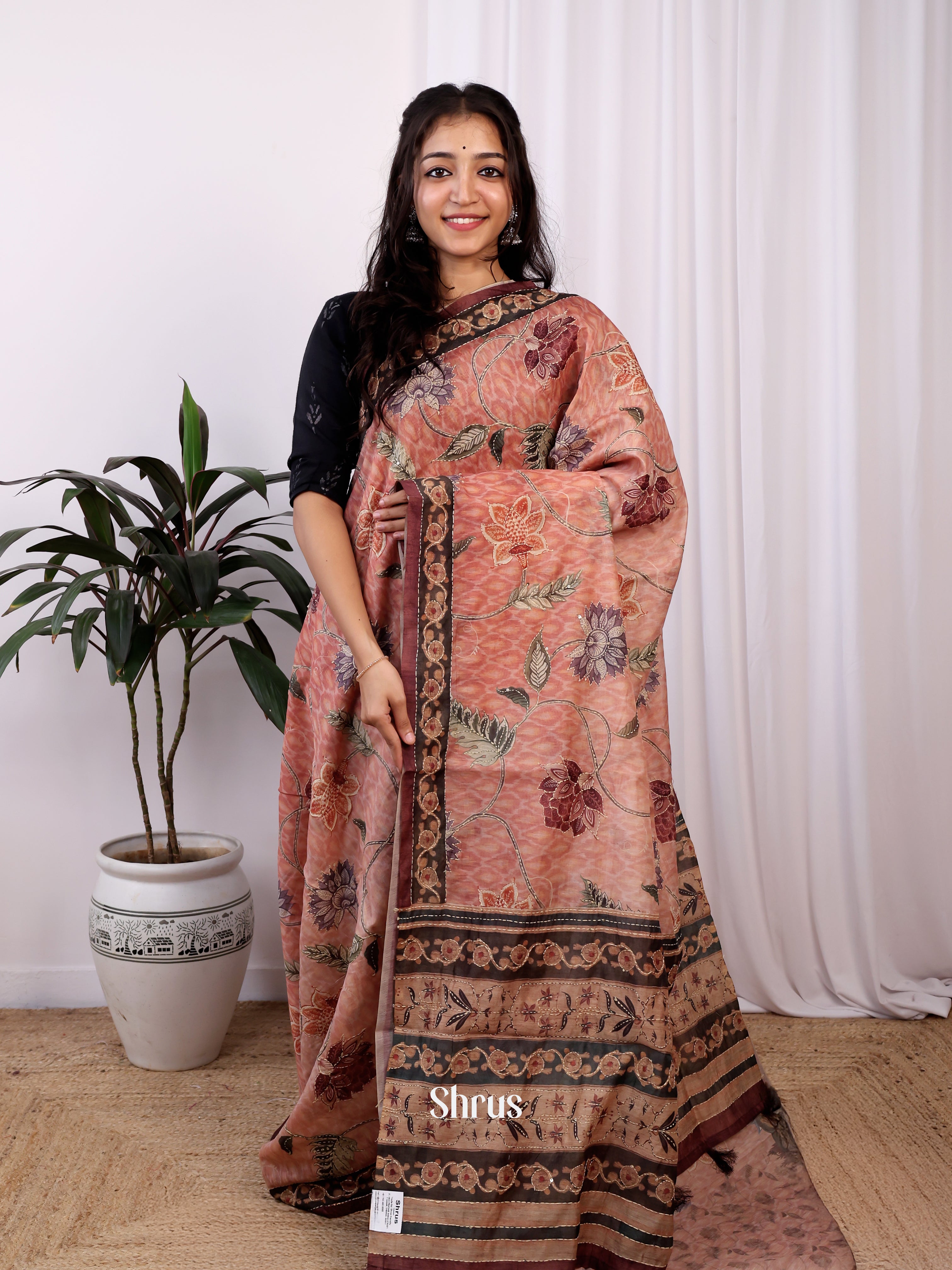 Peach & Brown - Semi Kantha Saree