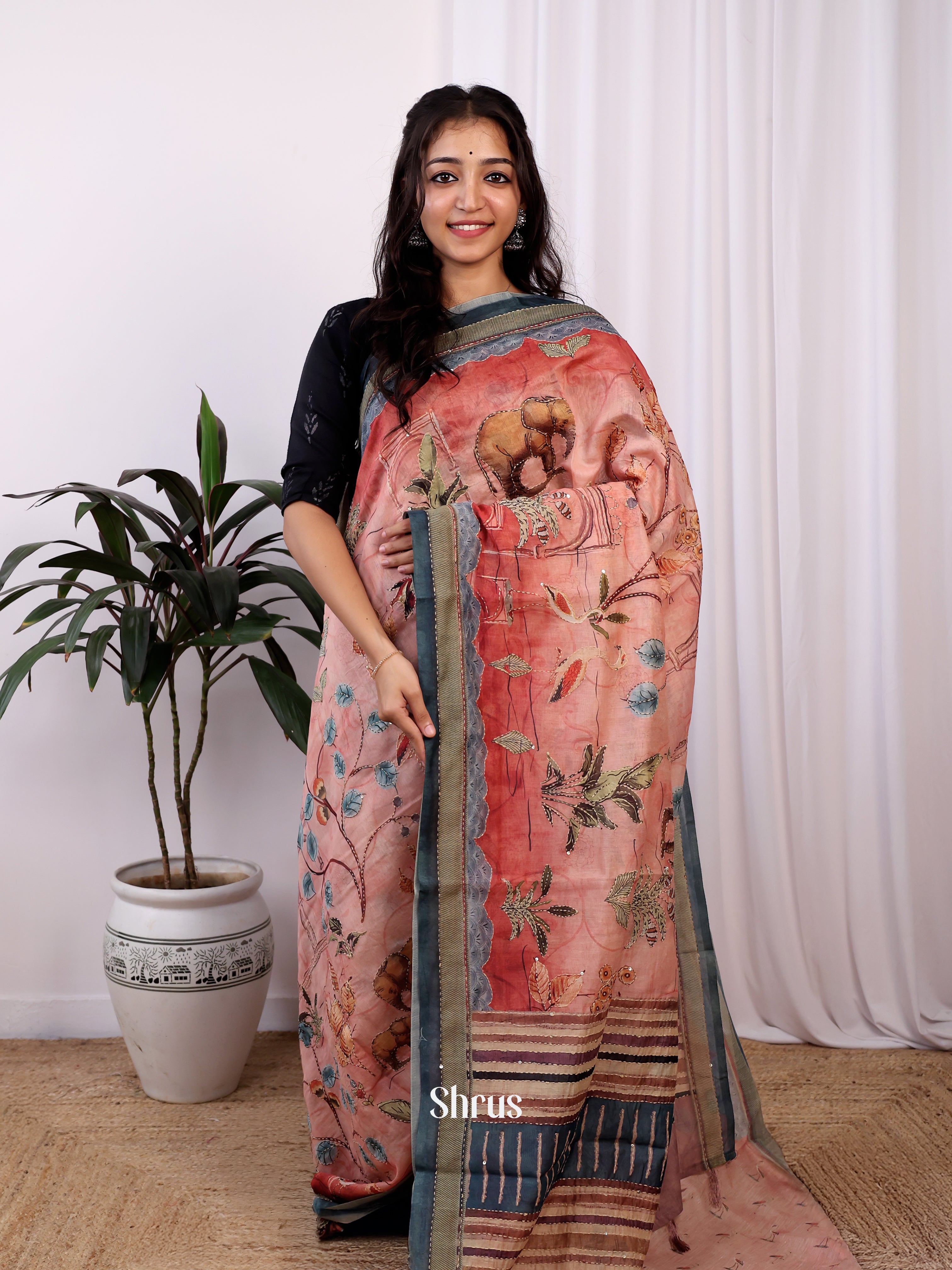 Peachish Pink & Grey  - Semi Kantha Saree