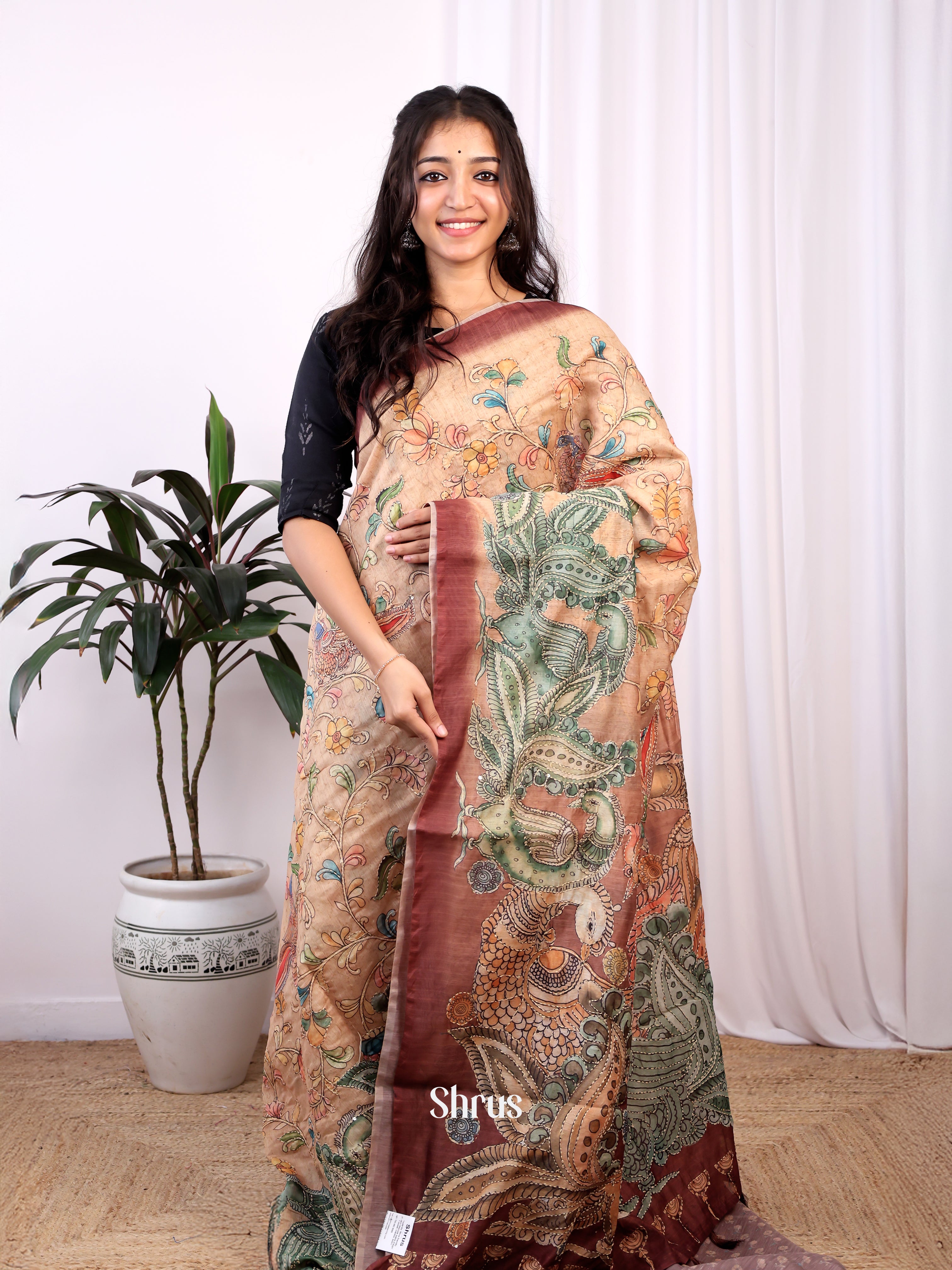 Pale Orange & Brown - Semi Kantha Saree