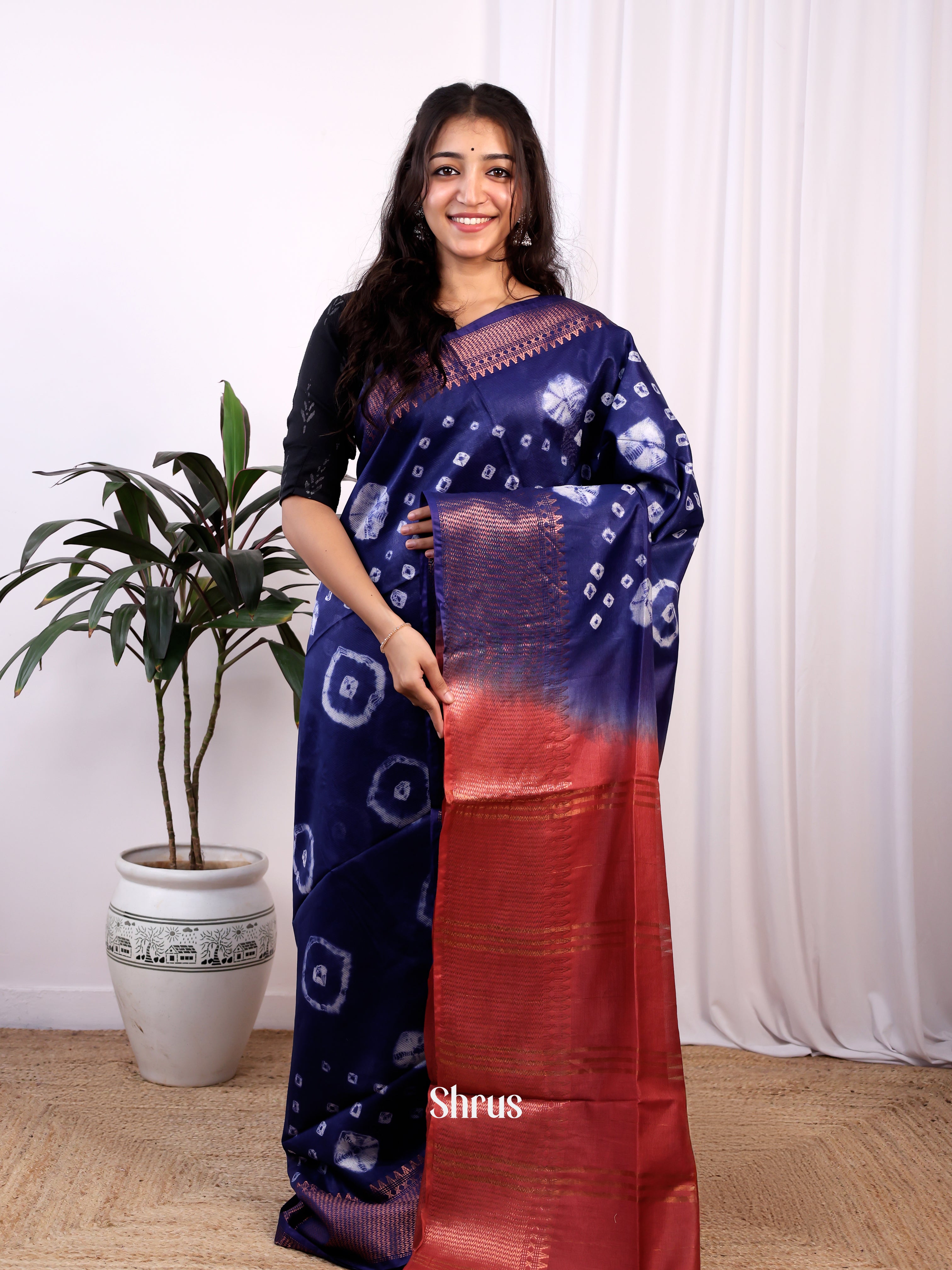 Blue & Red-Semi Tussar Saree