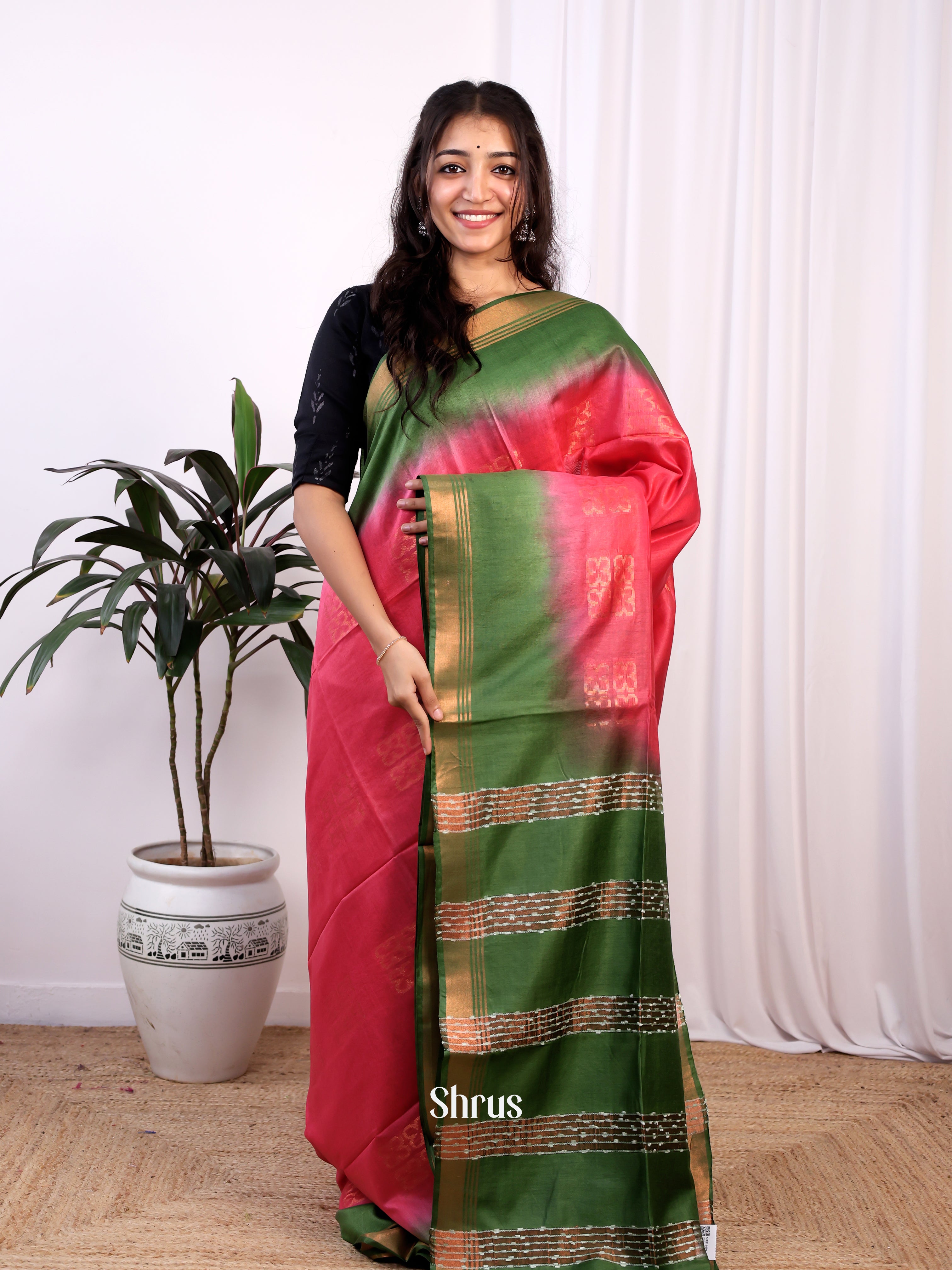 Pink & Green -Semi Tussar - Shop on Shrus.com