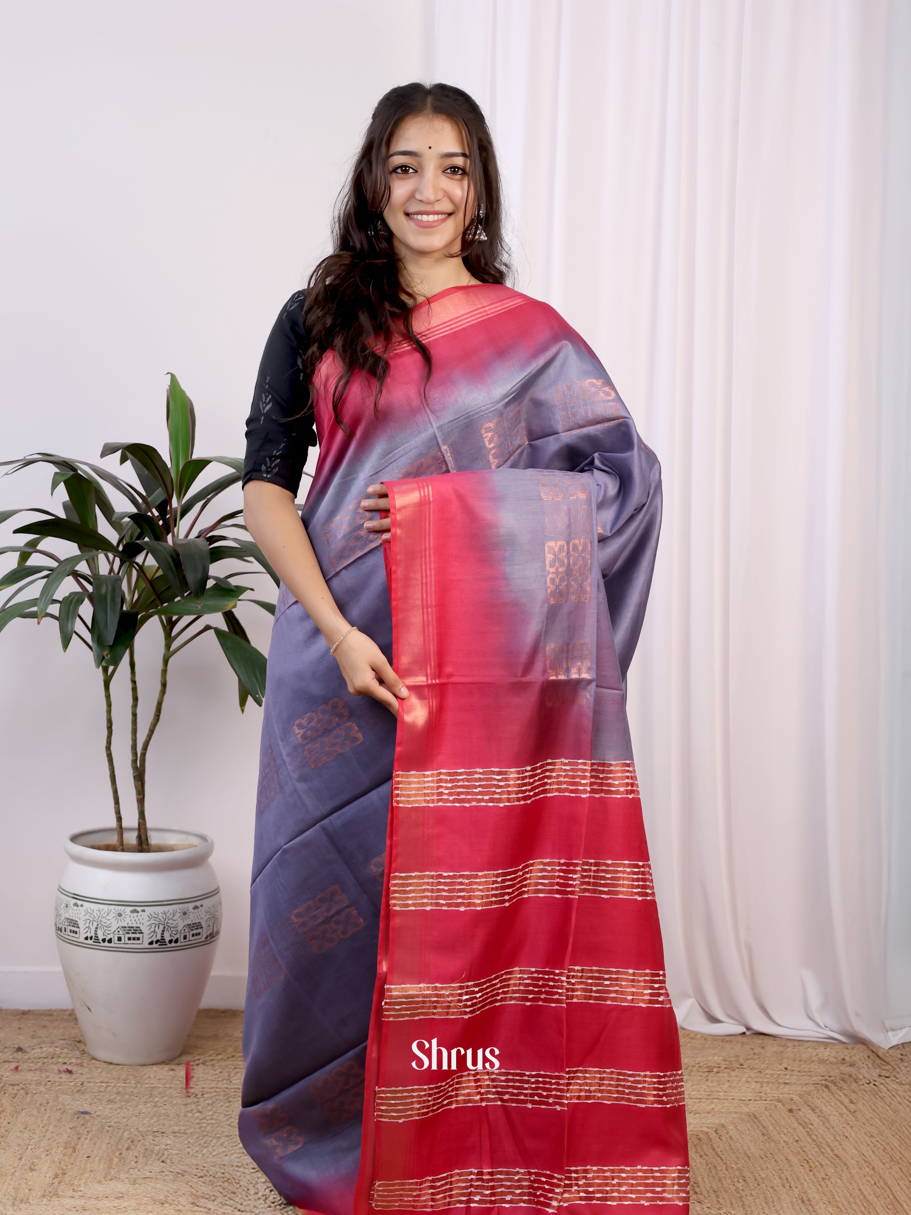 Purple & Red- Semi Tussar Saree