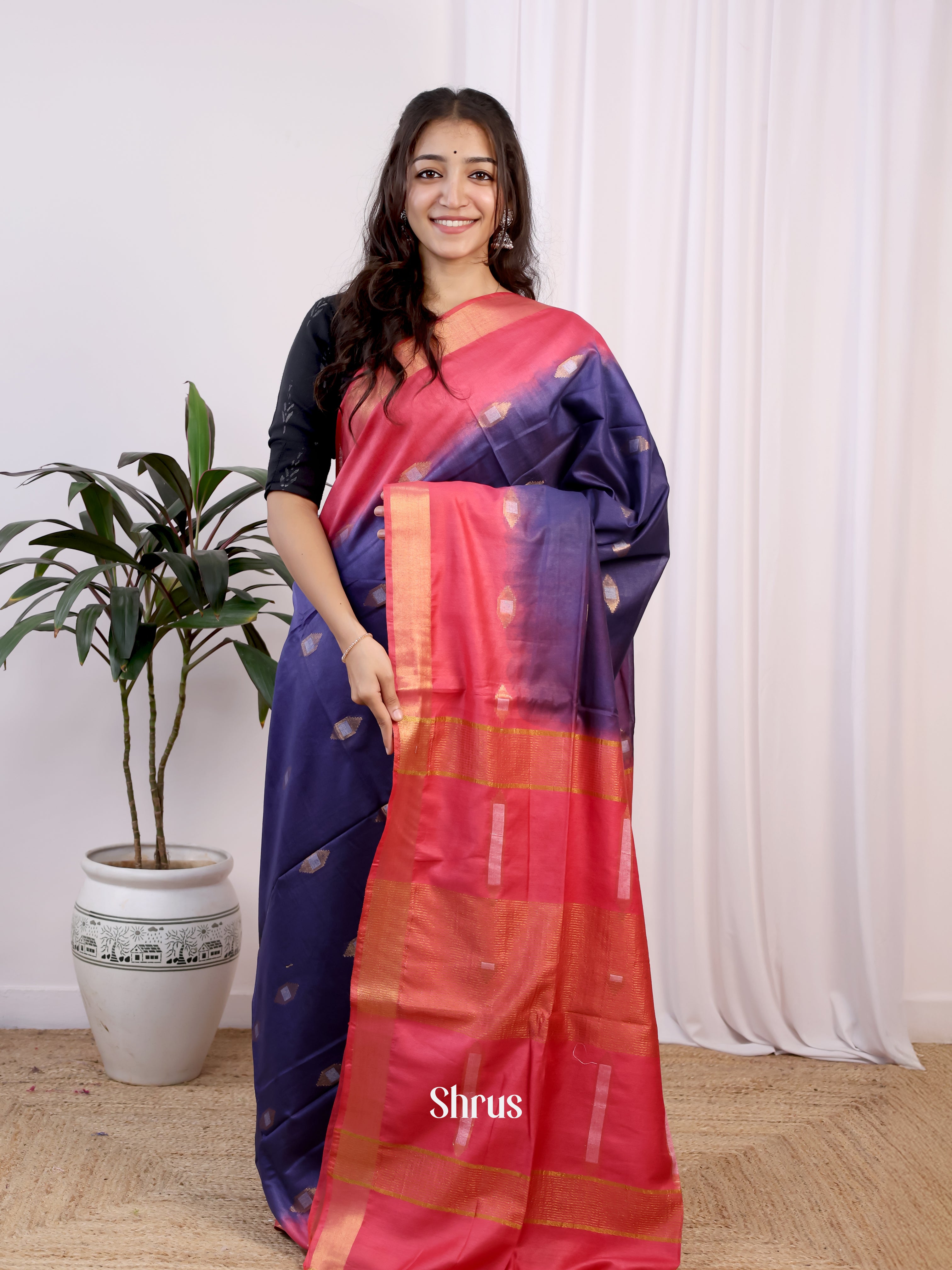 Violet & Red- Semi Tussar Saree