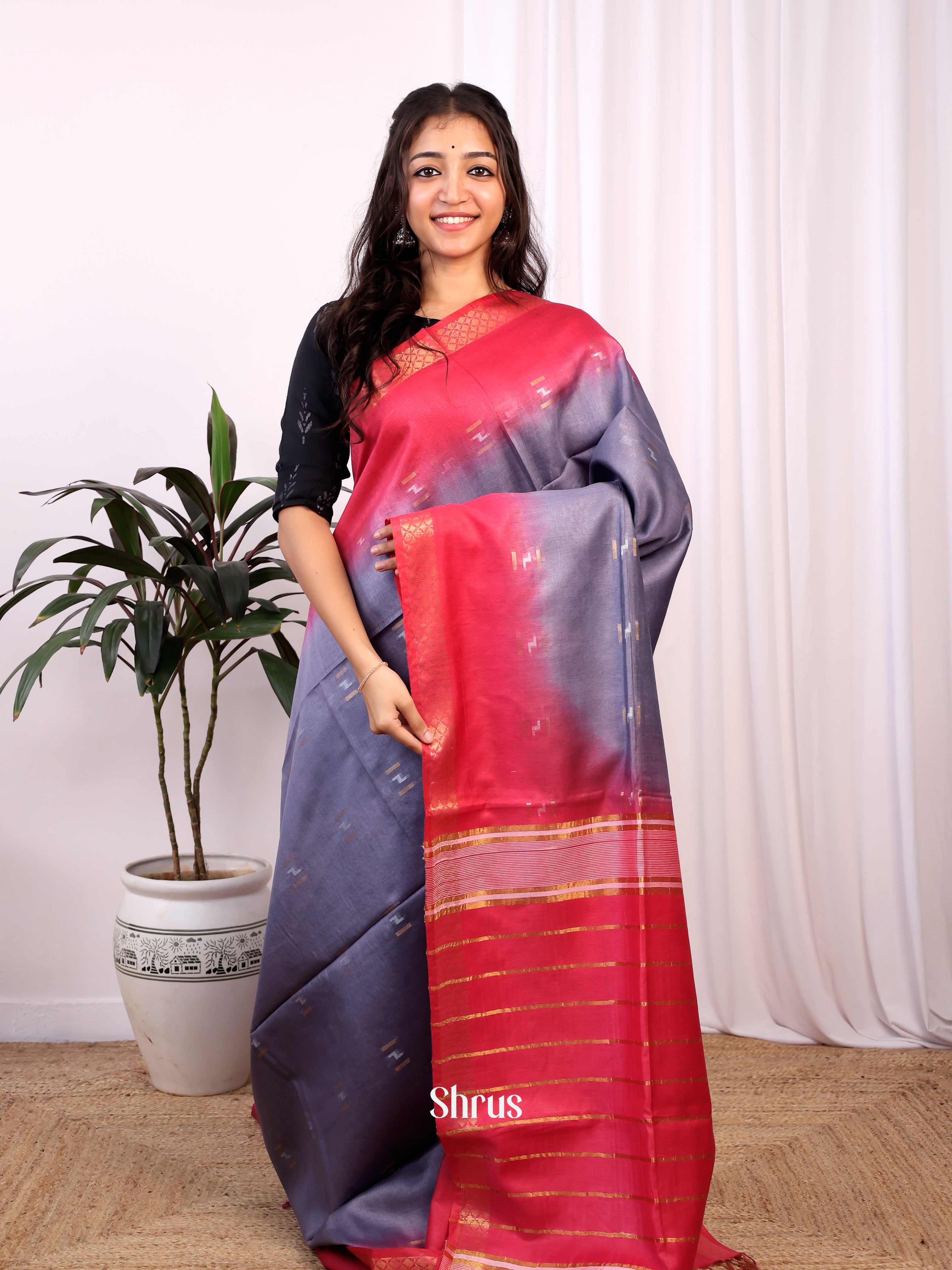 Grey & Red - Semi Tussar Saree