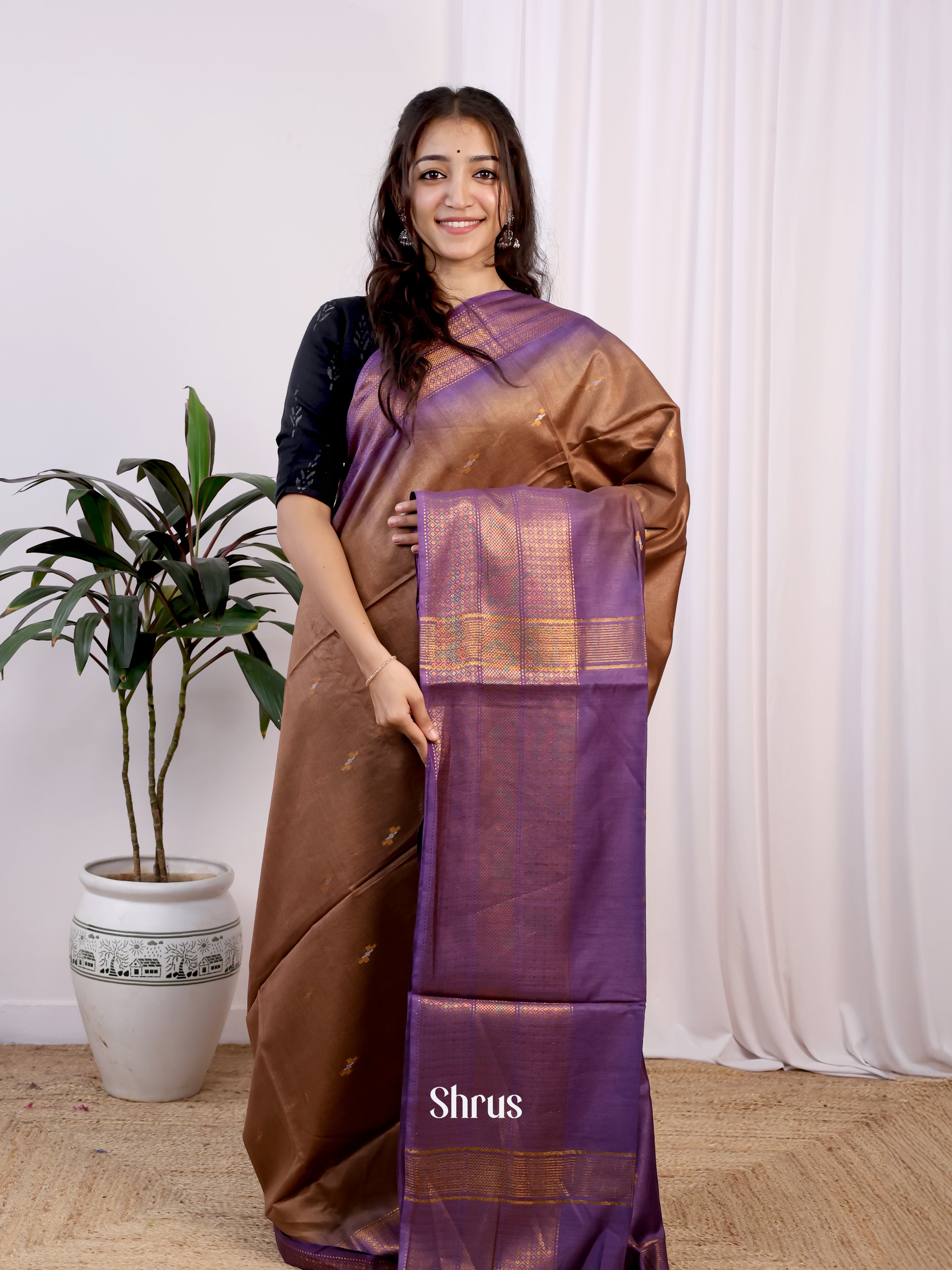 Brown & Violet- Semi Tussar Saree