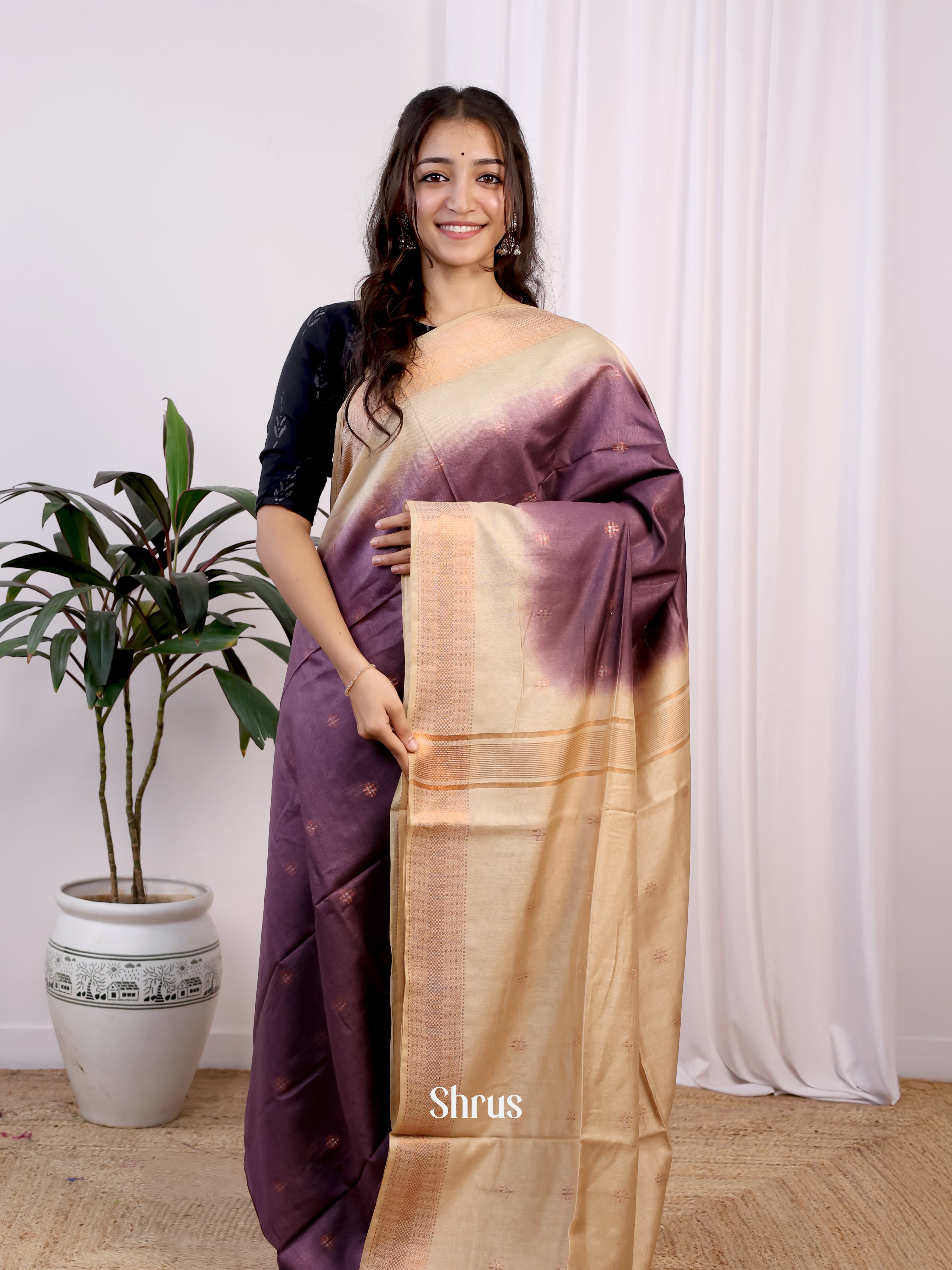 Purple & Cream- Semi Tussar Saree - Shop on Shrus.com