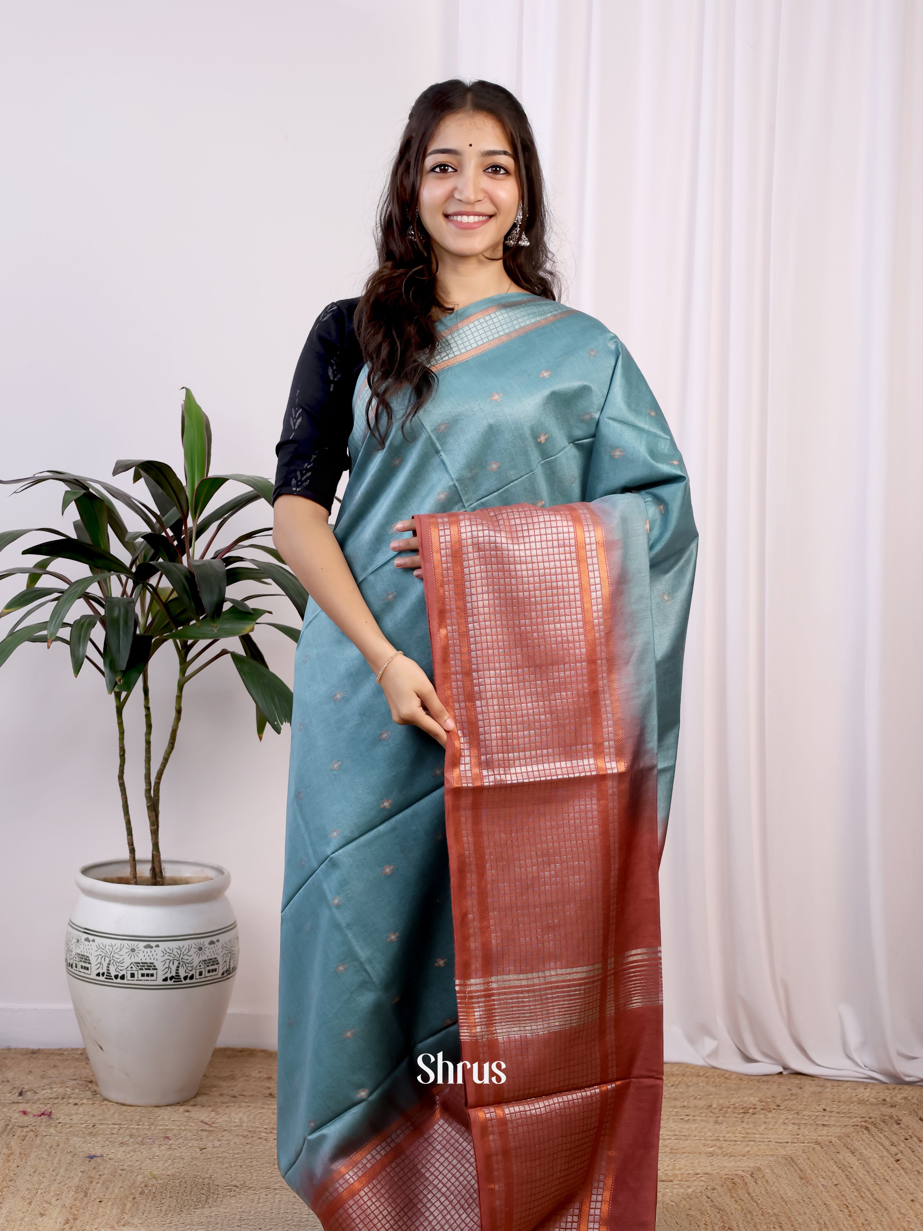 Grey &  Brown - Semi Tussar Saree