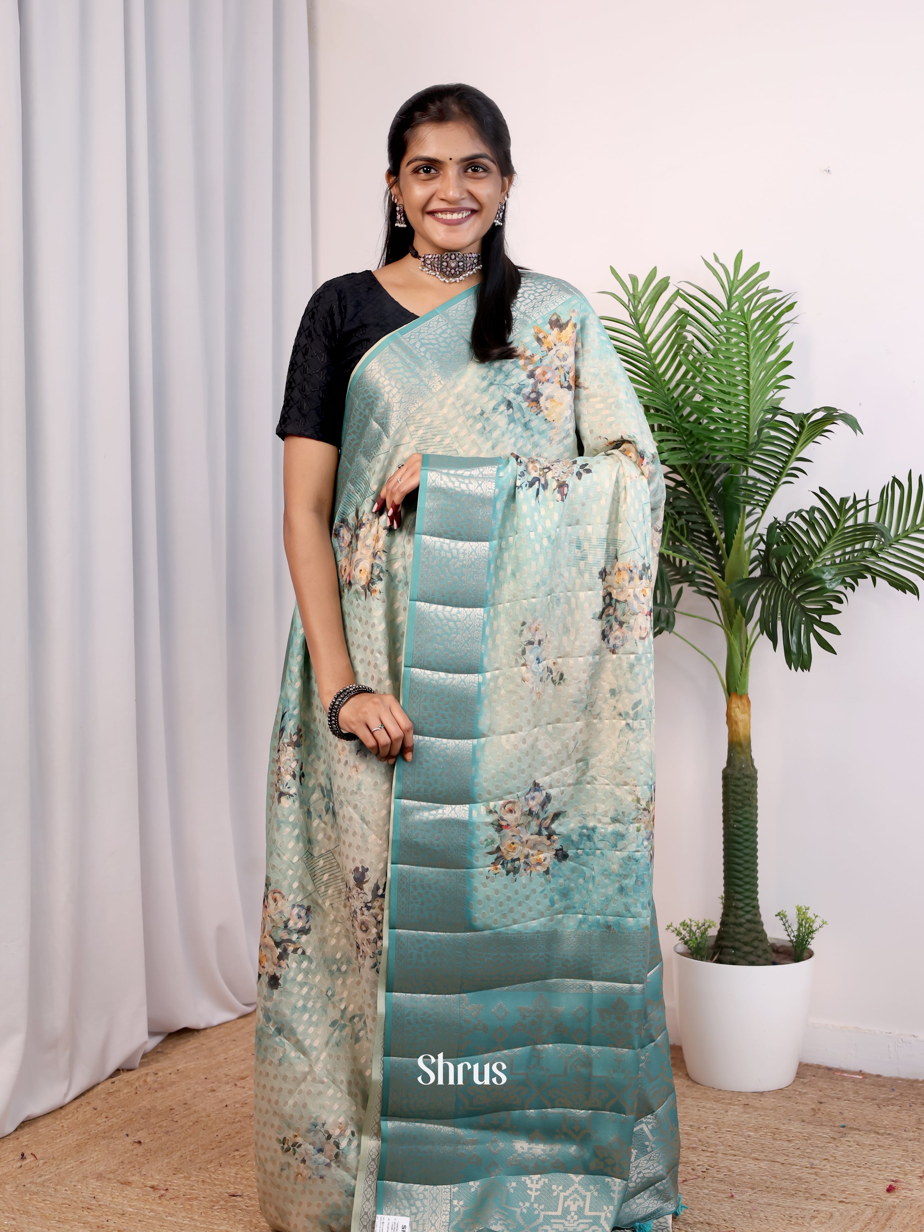 Lite Blue & Blue - Printed chanderi Saree