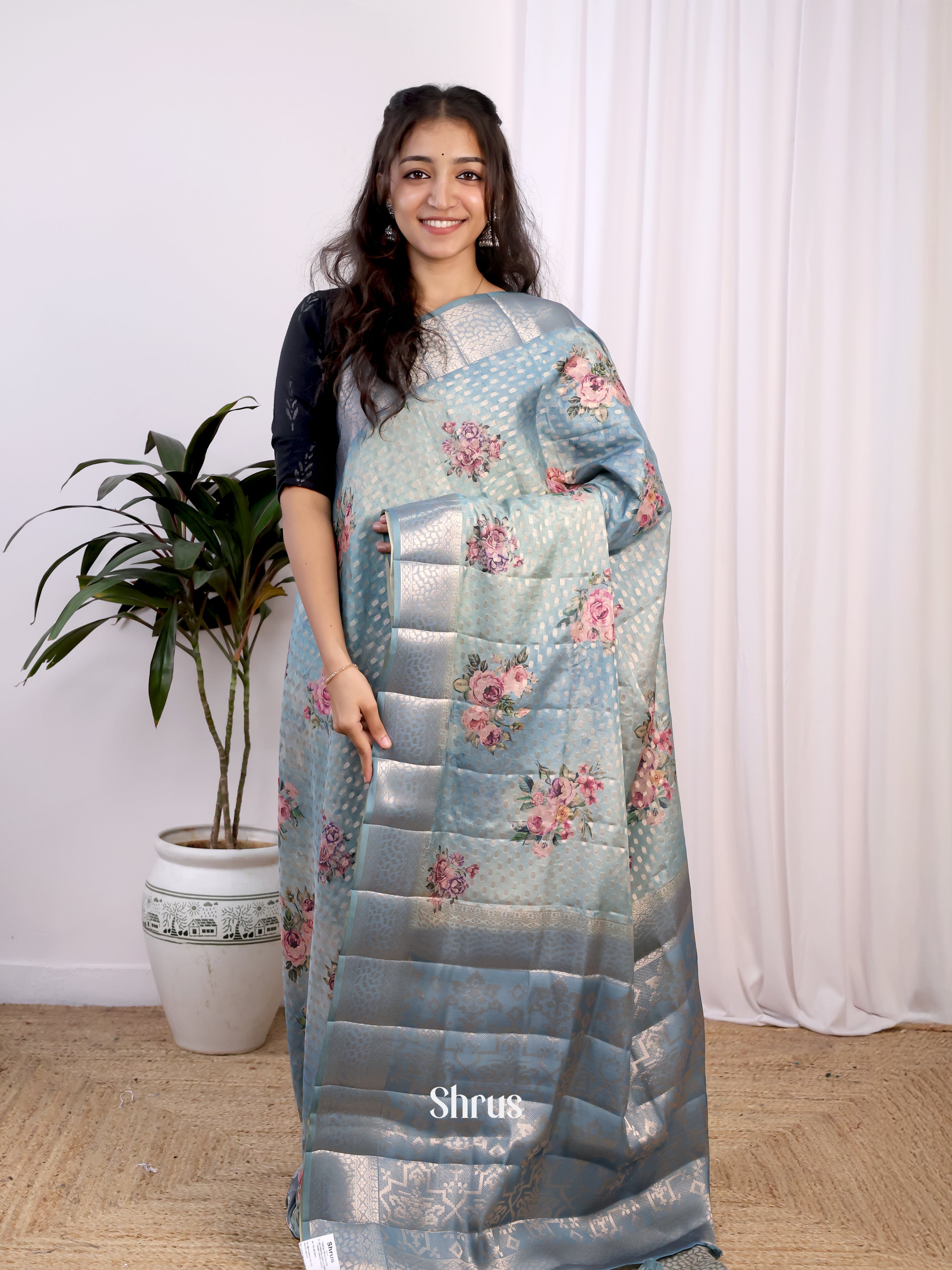 Blue- Printed chanderi Saree