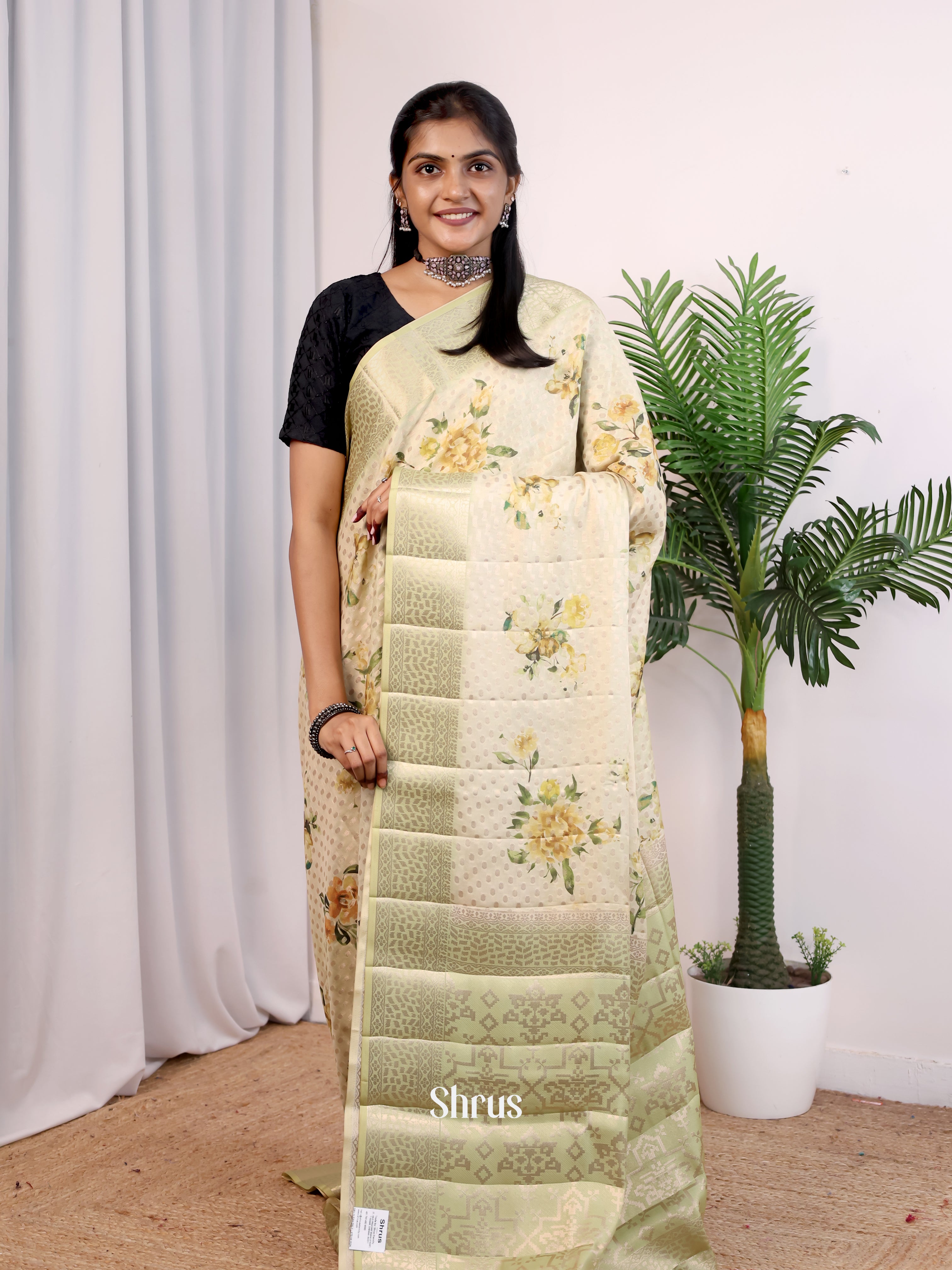 Cream & Lite Green - Printed chanderi Saree