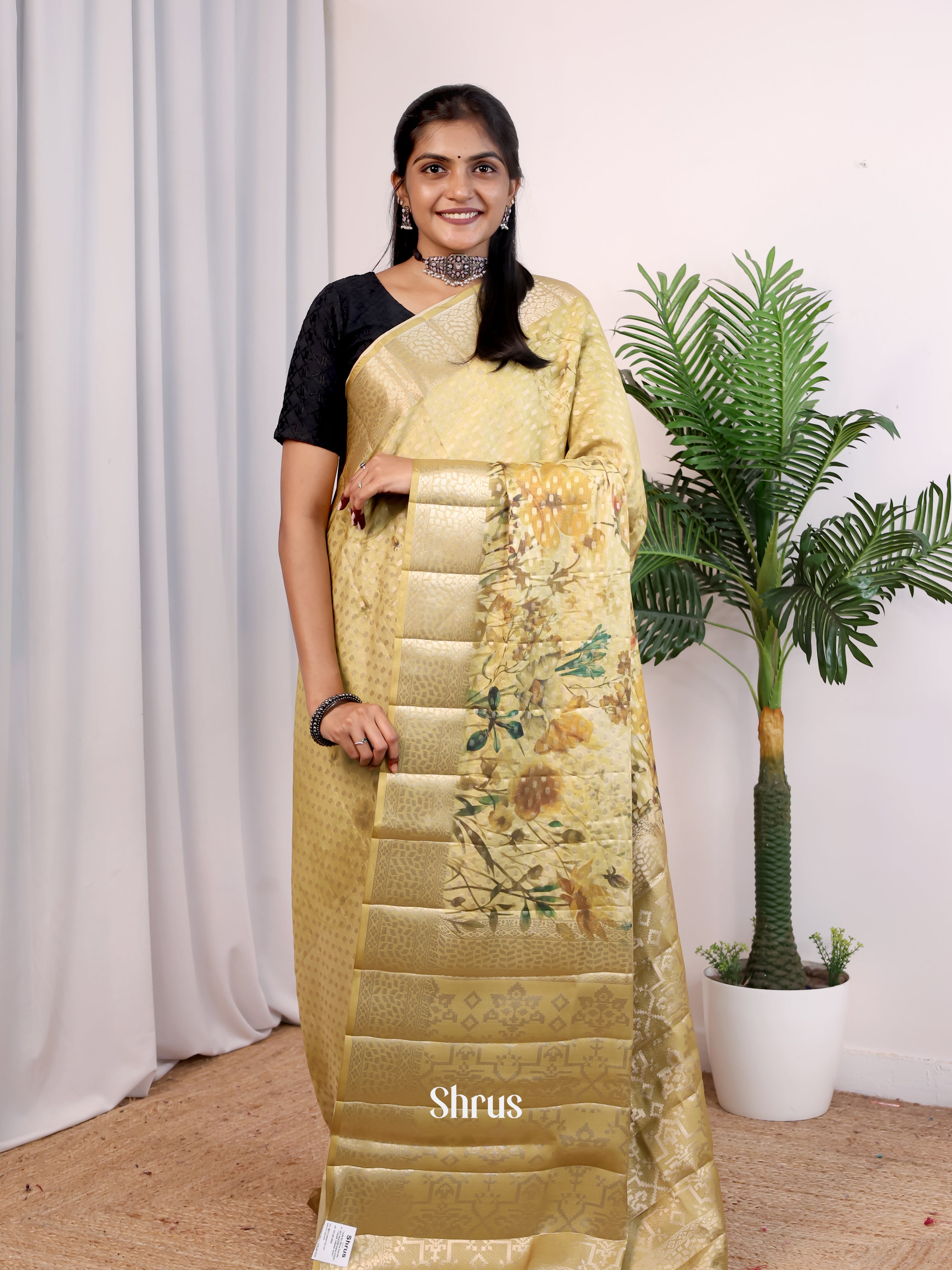 Cream- Printed chanderi Saree