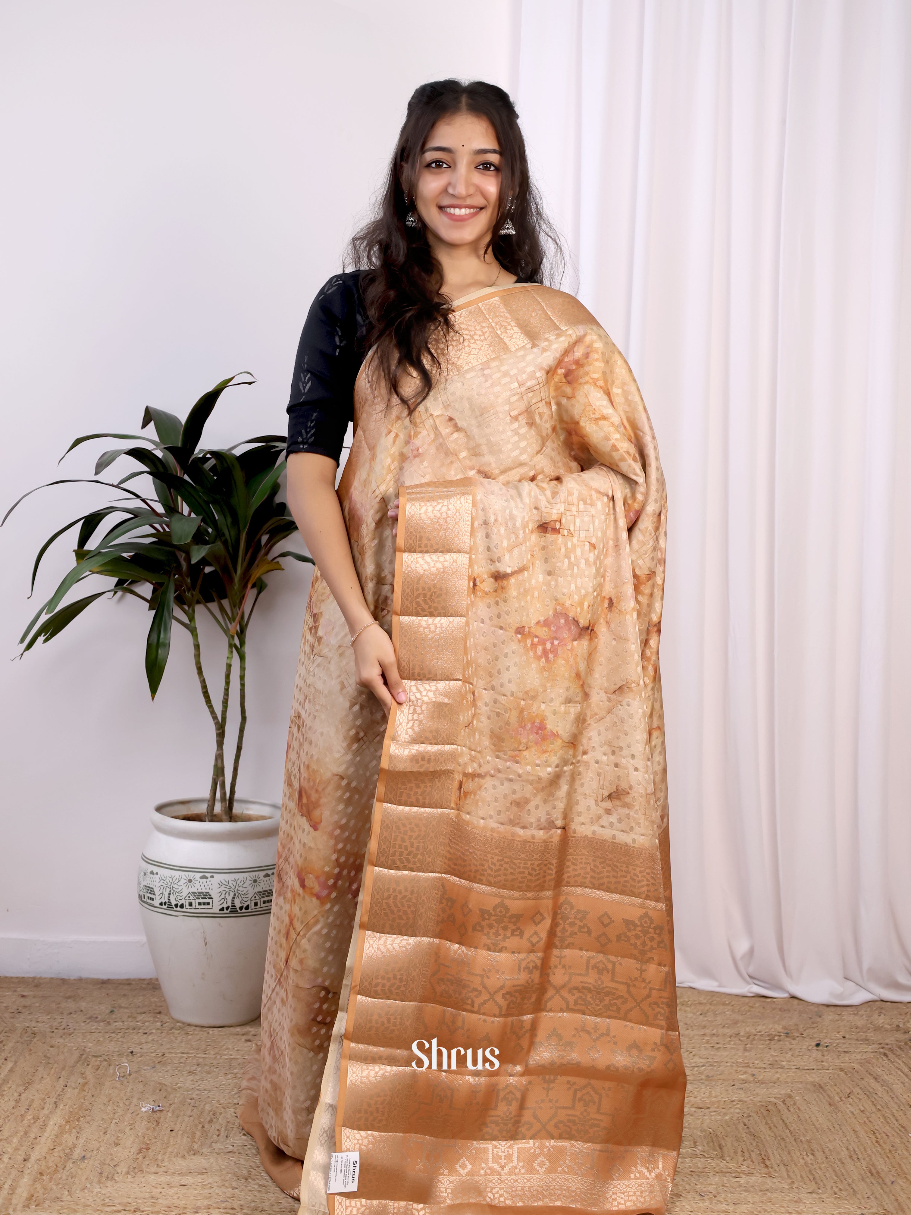 Lite Brown & Brown - Printed chanderi Saree