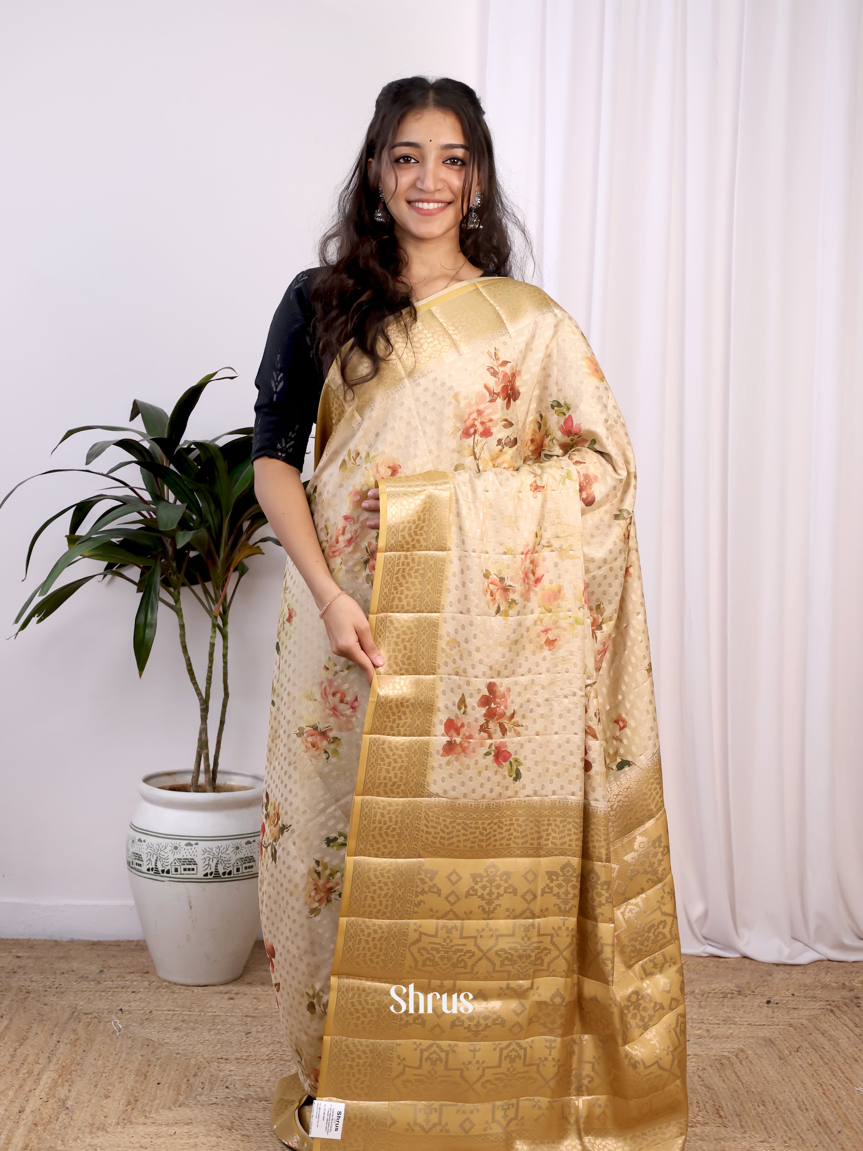 Cream & Gold - Printed chanderi Saree