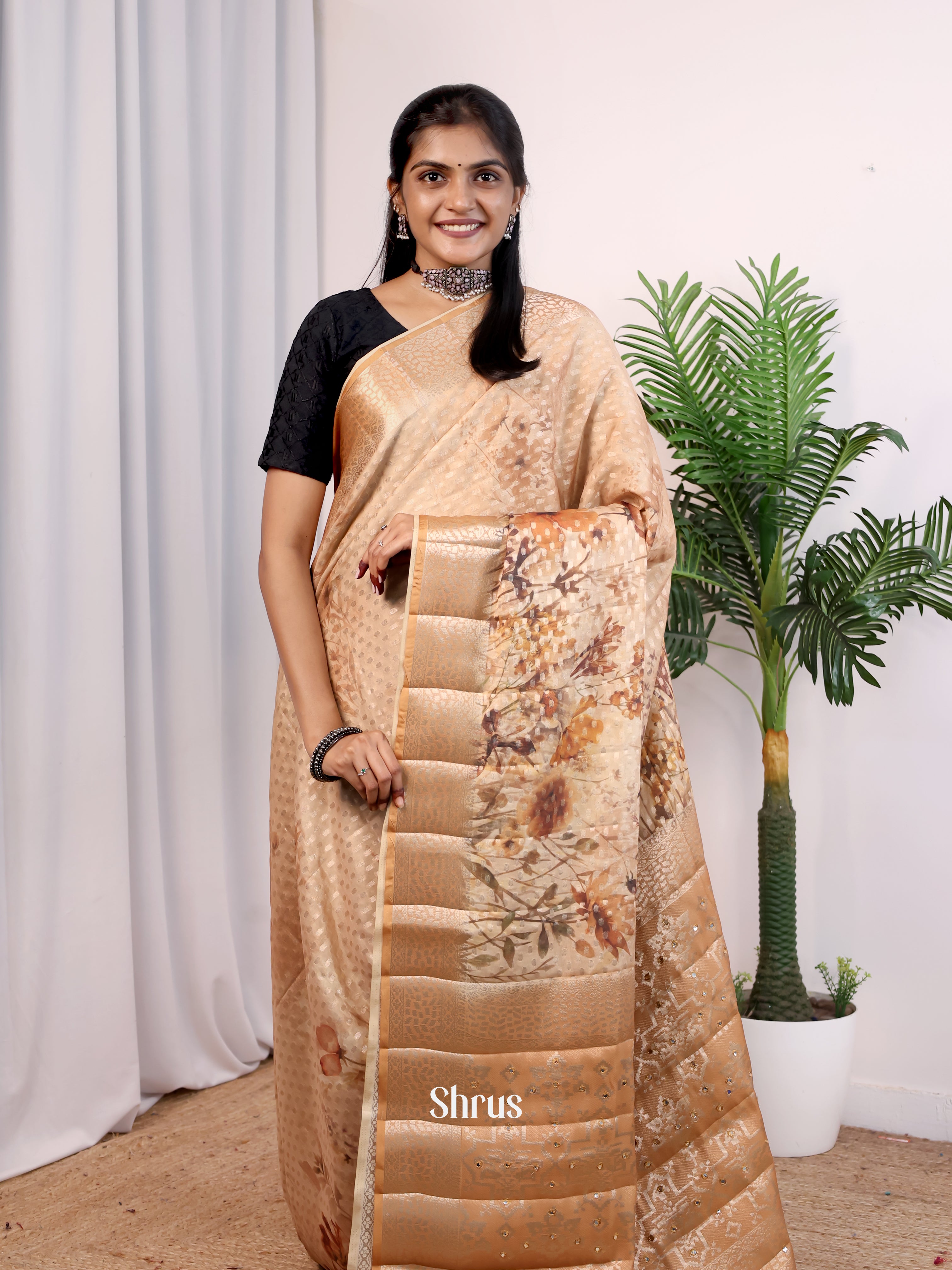 Dull Brown - Printed chanderi Saree