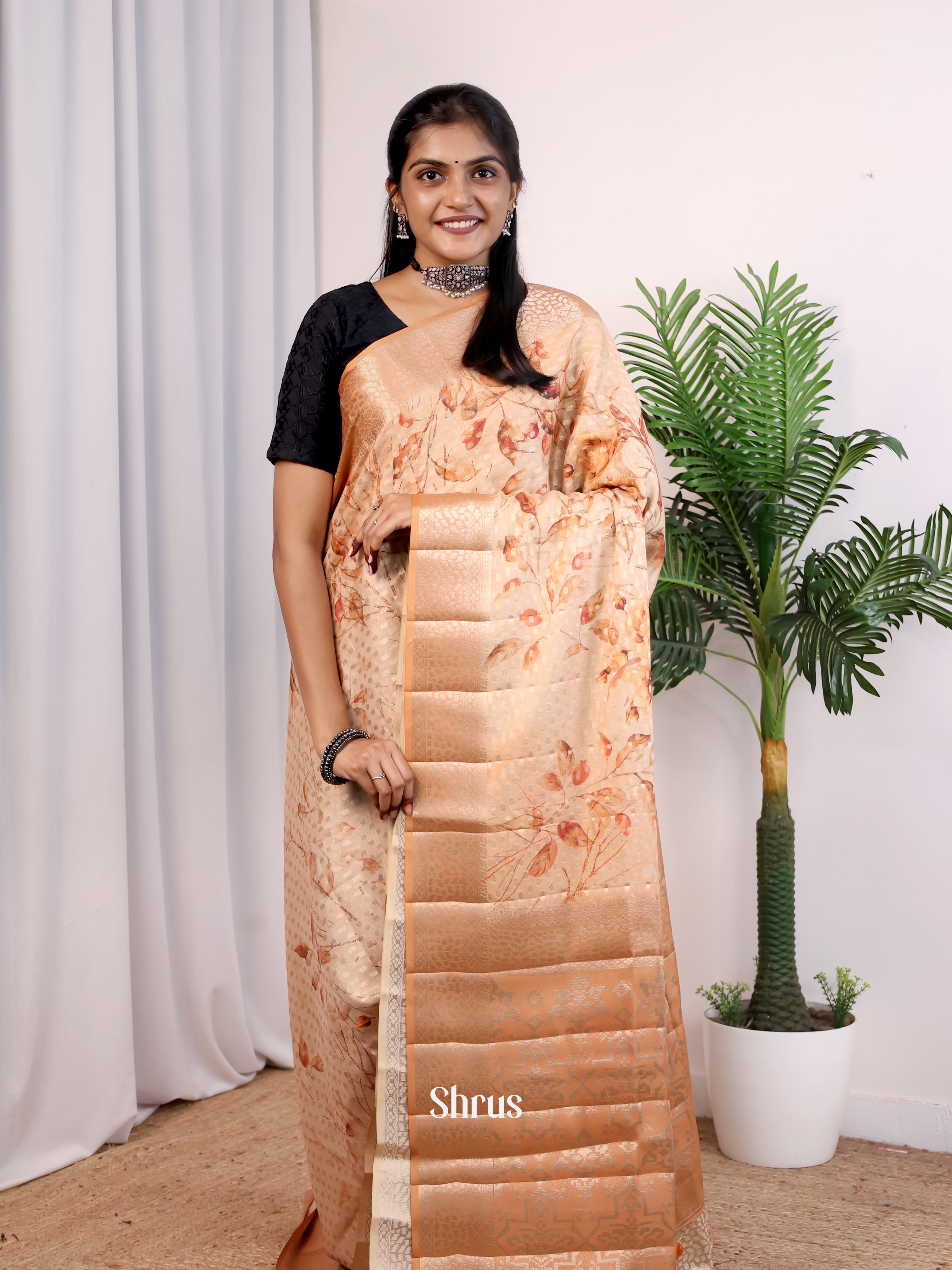 Peach - Printed chanderi Saree