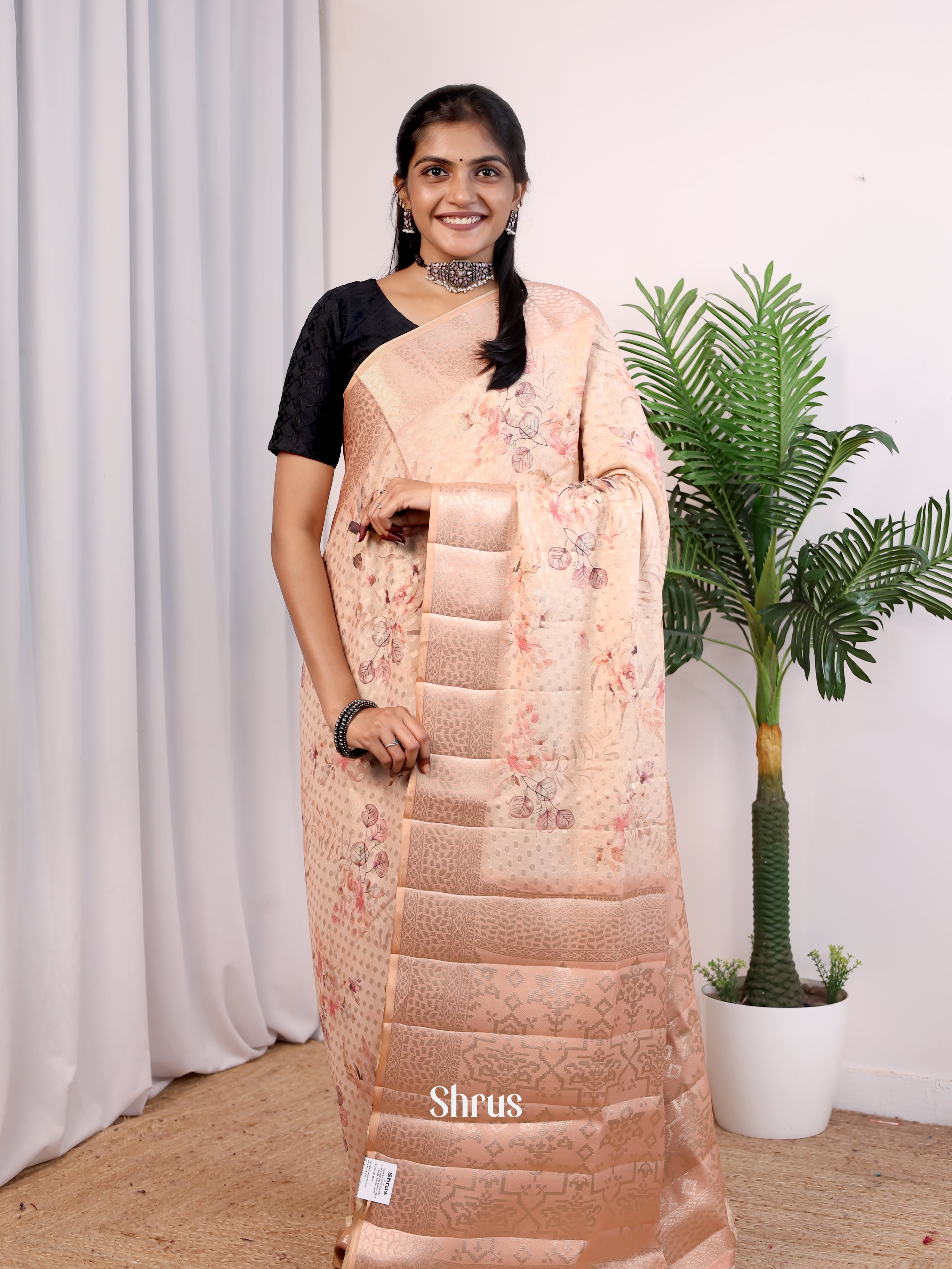 Peach - Printed chanderi Saree