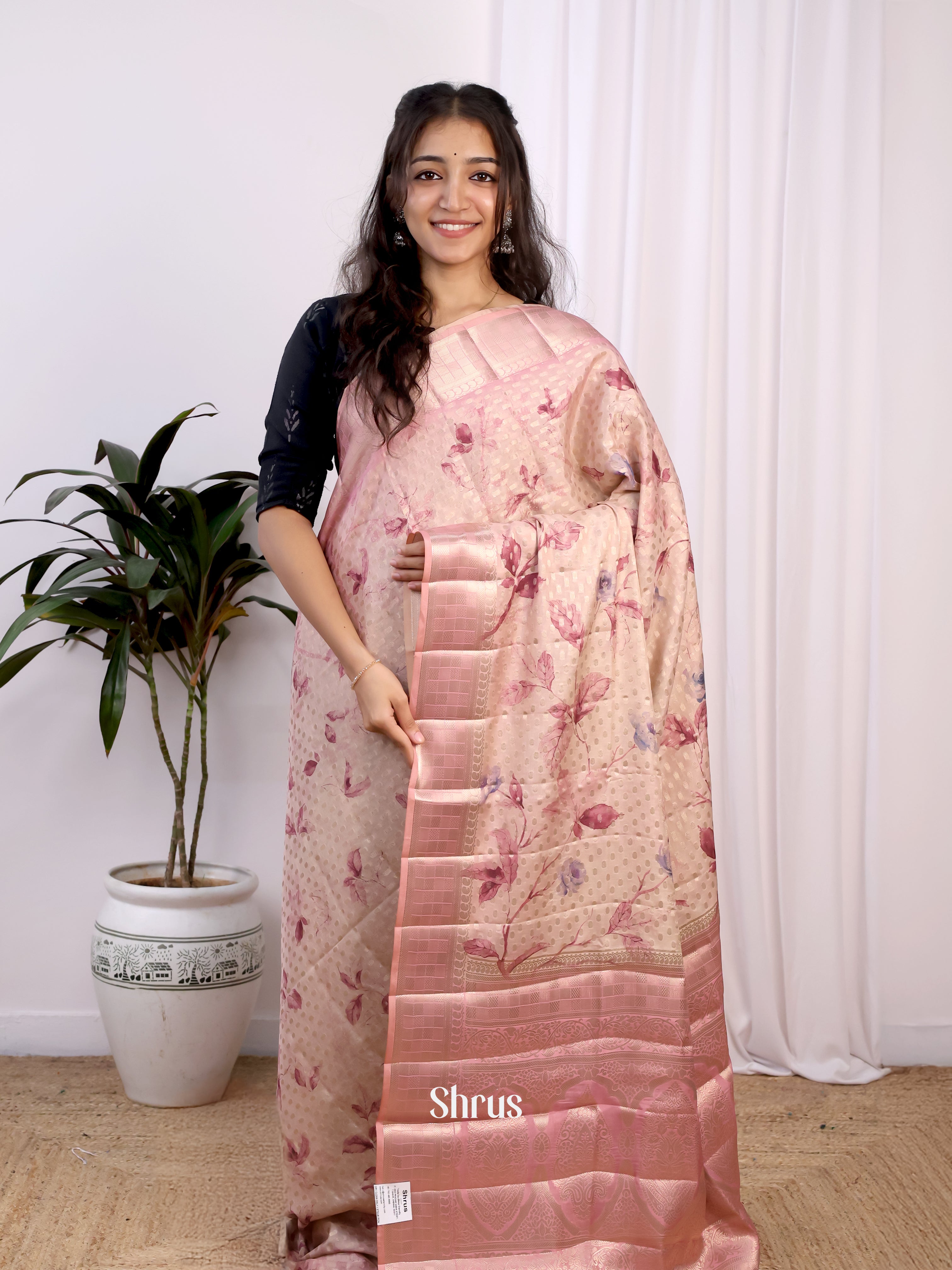 Peachish Pink  - Printed chanderi Saree