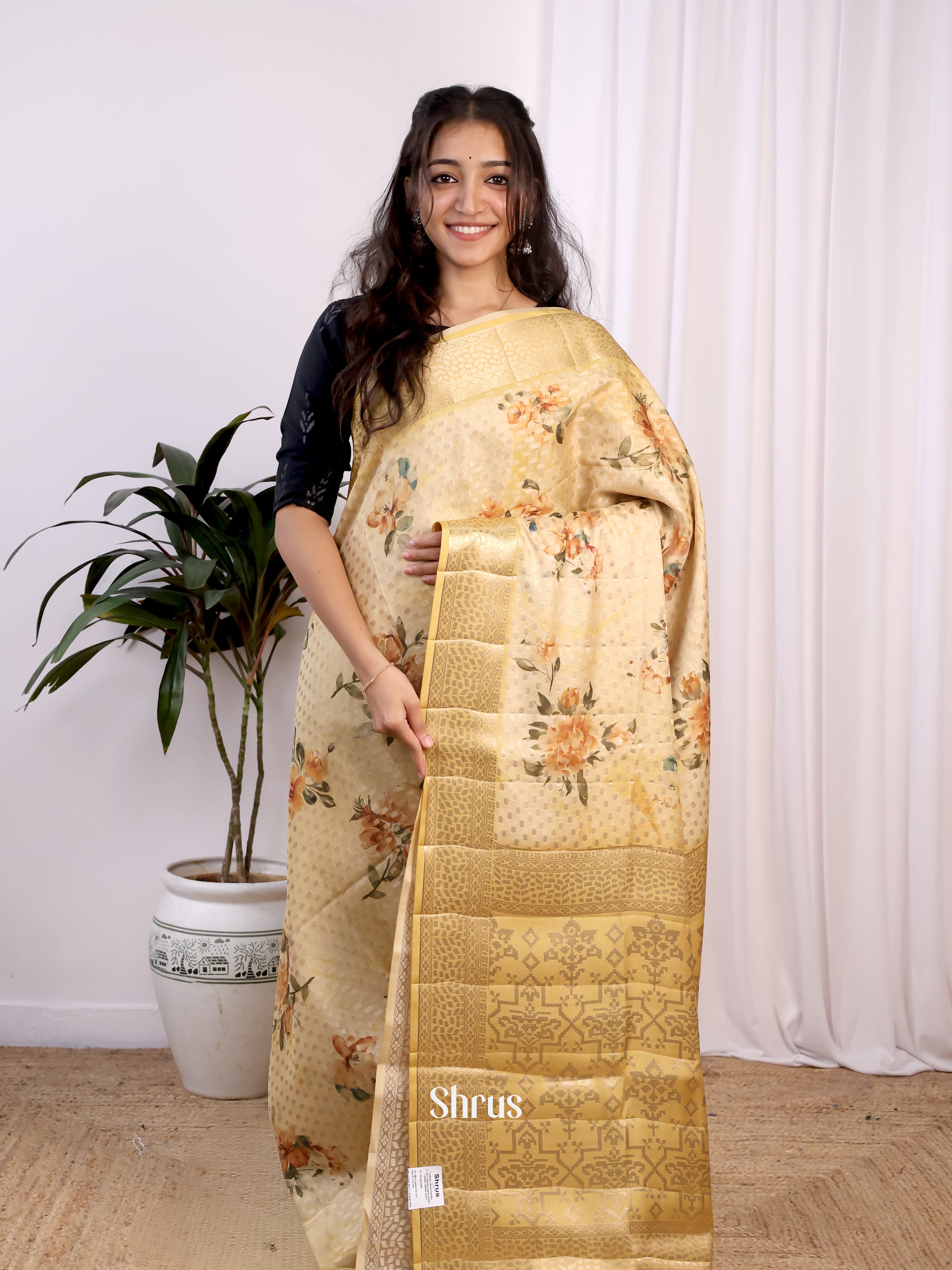 Cream & Beige - Printed chanderi Saree