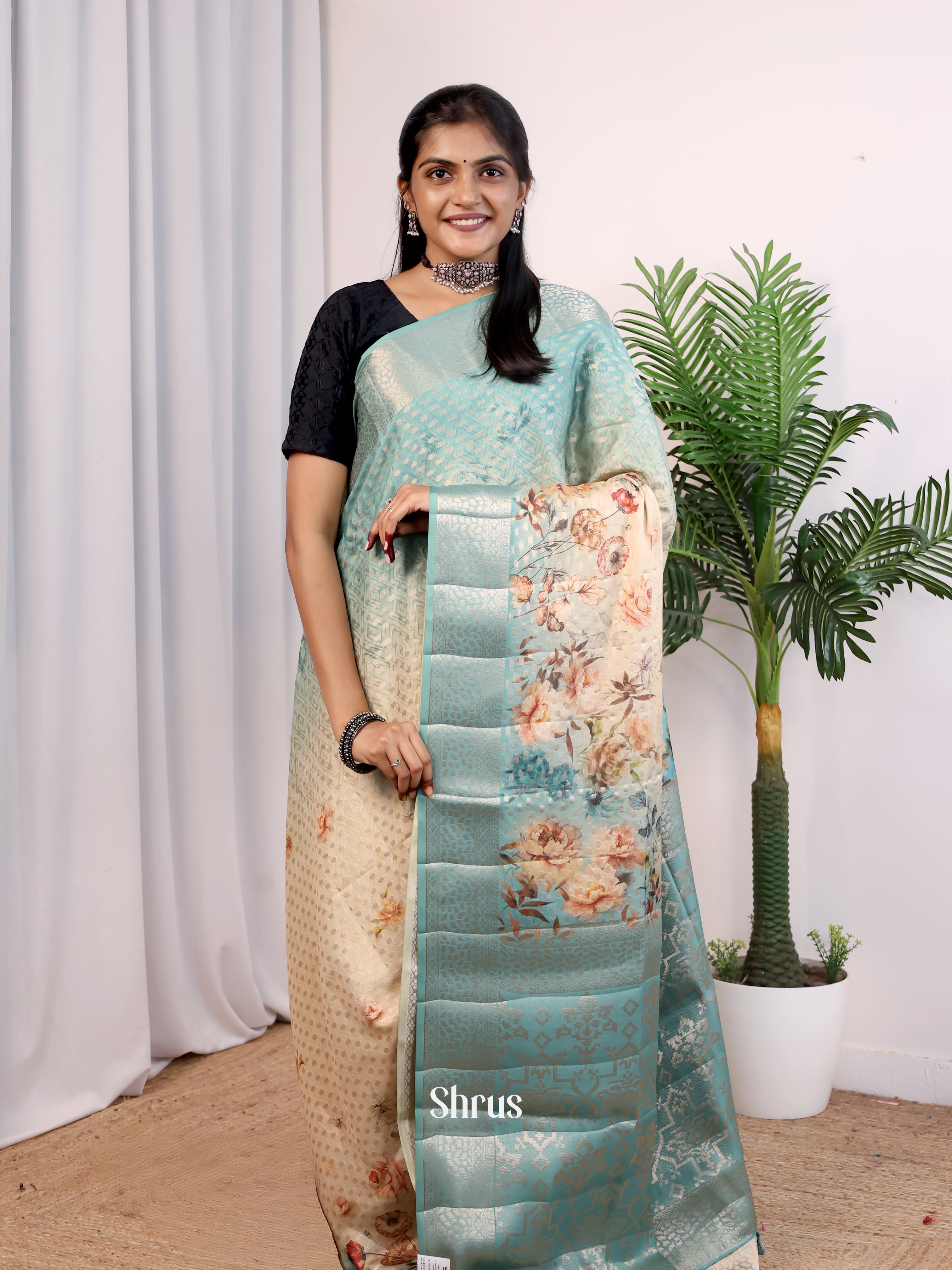 Cream & Blue - Printed chanderi Saree