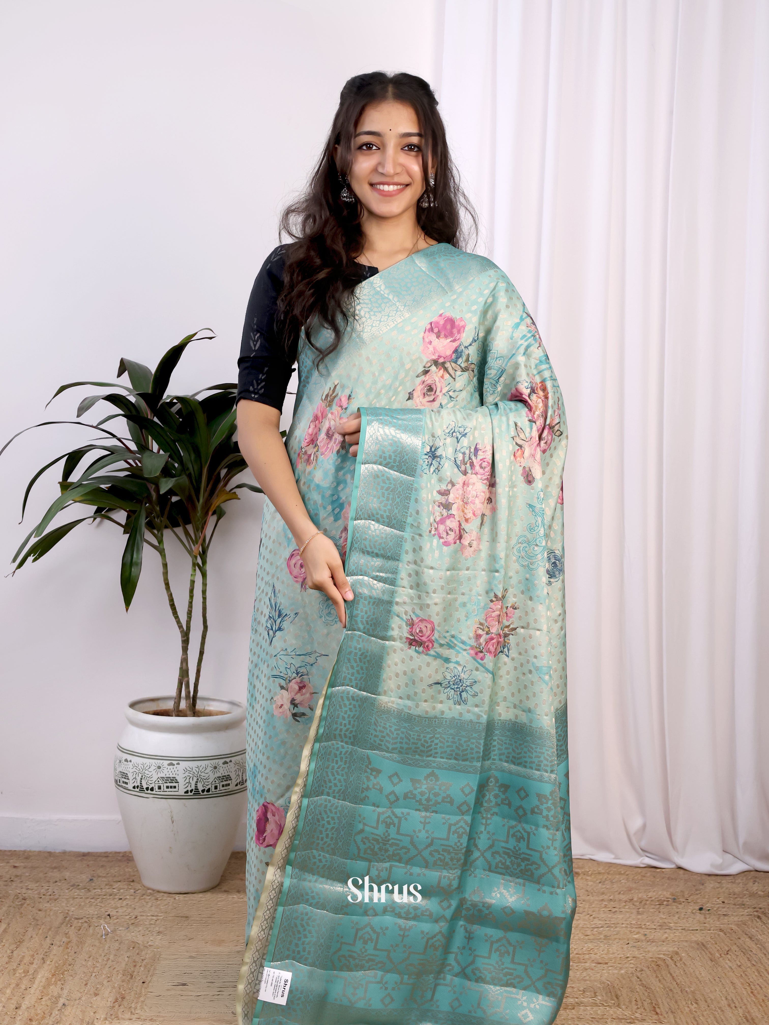 Blue - Printed chanderi Saree