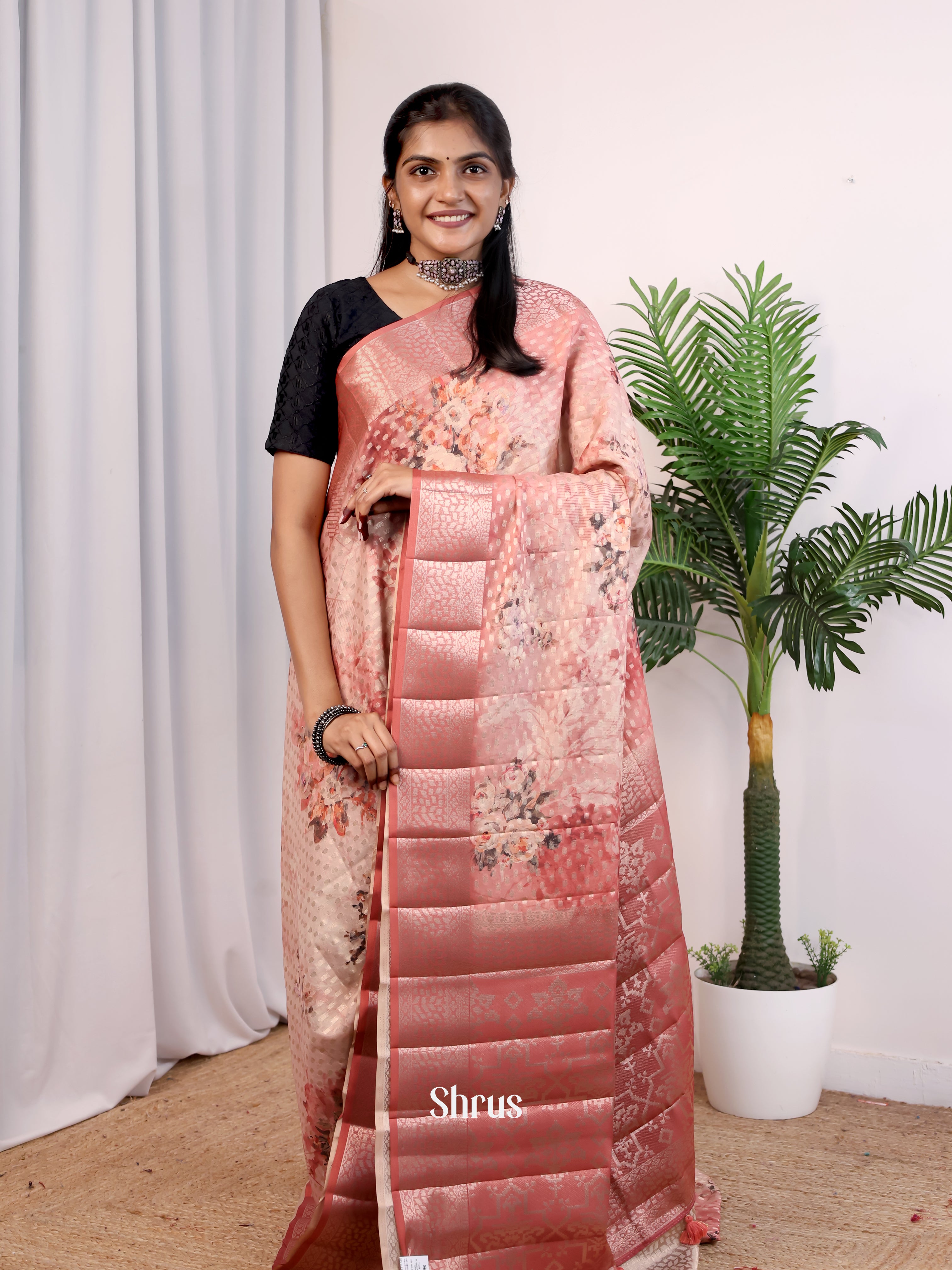 Pink - Printed chanderi Saree