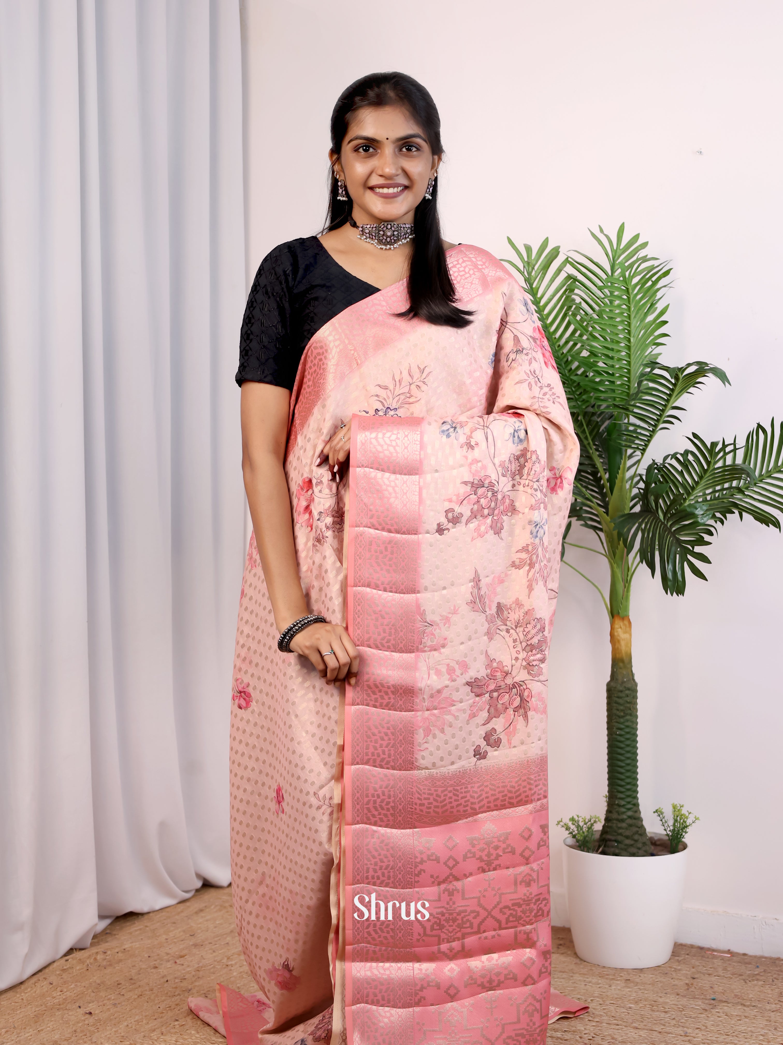 Pink- Printed chanderi Saree