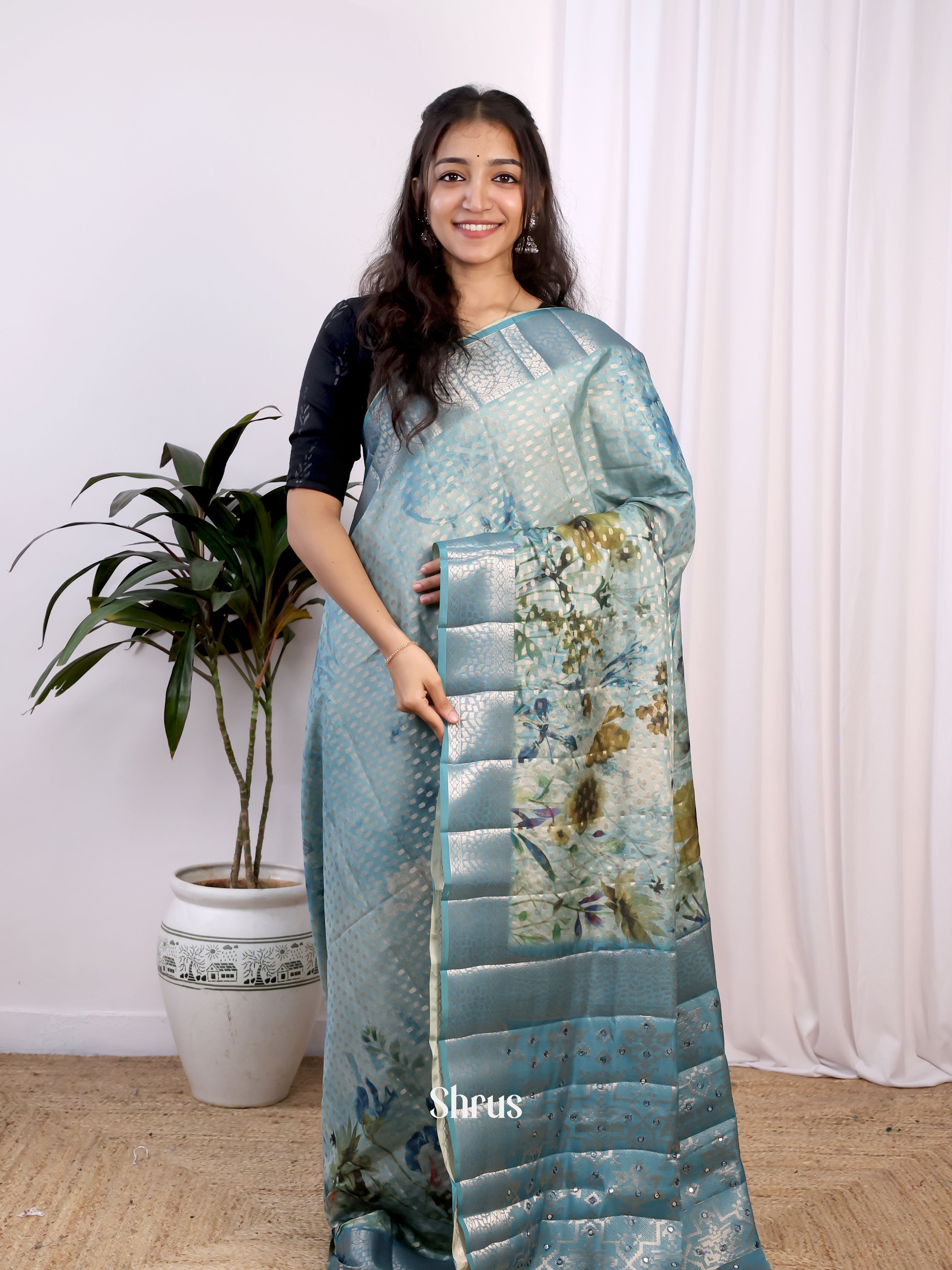 Blue - Printed chanderi Saree