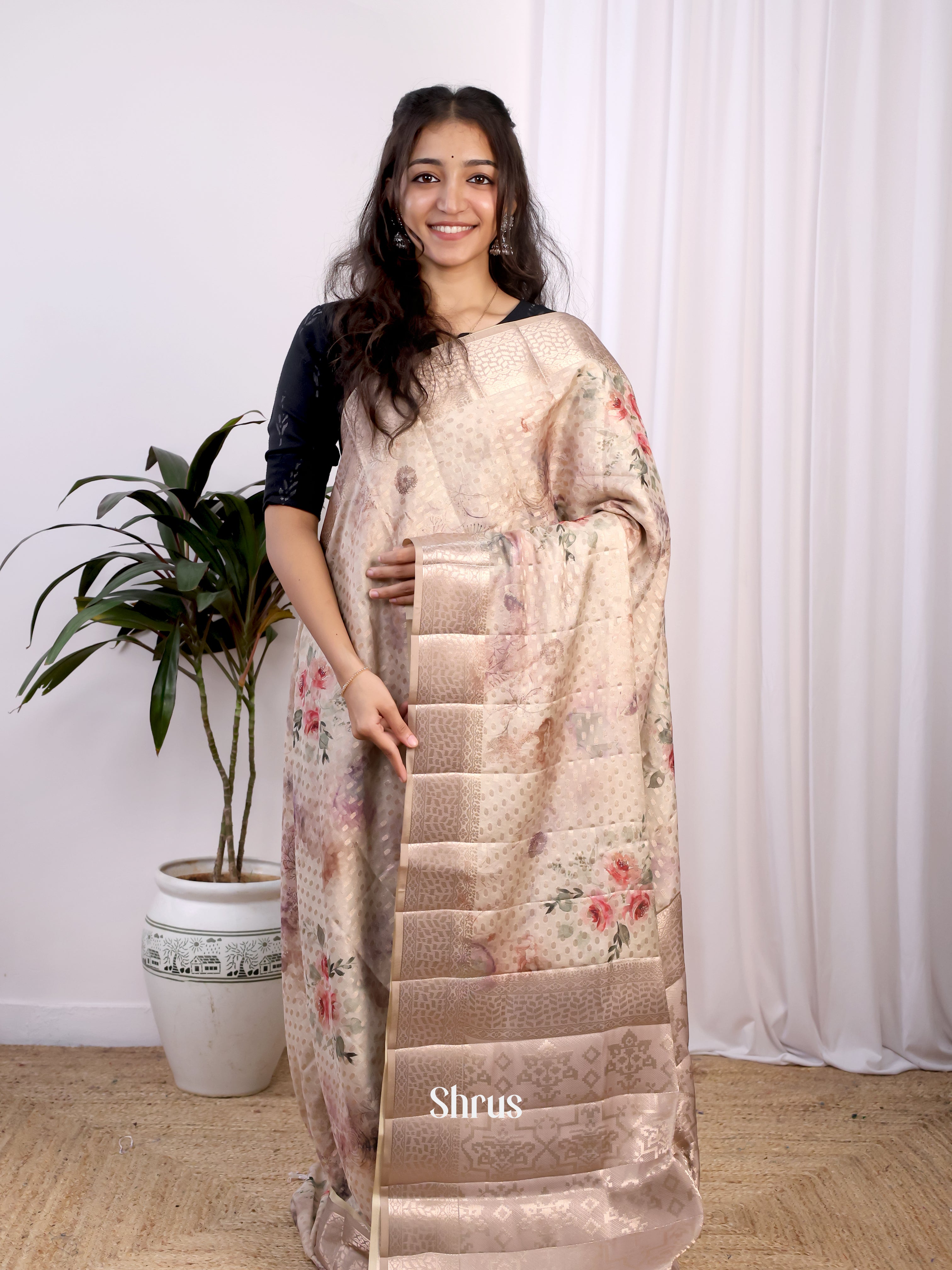 Cream & Grey  - Printed chanderi Saree