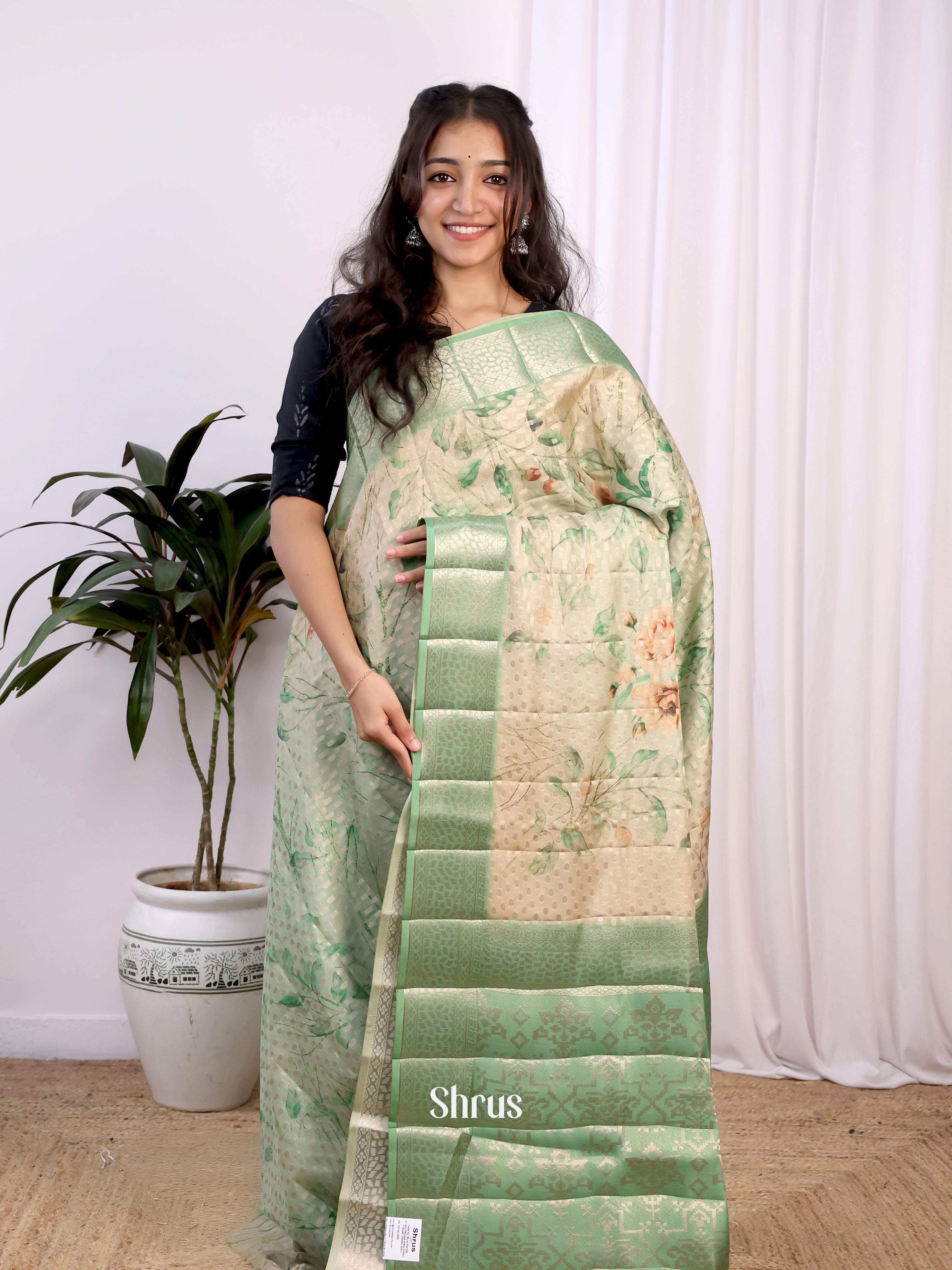 Cream & Lite Green - Printed chanderi Saree