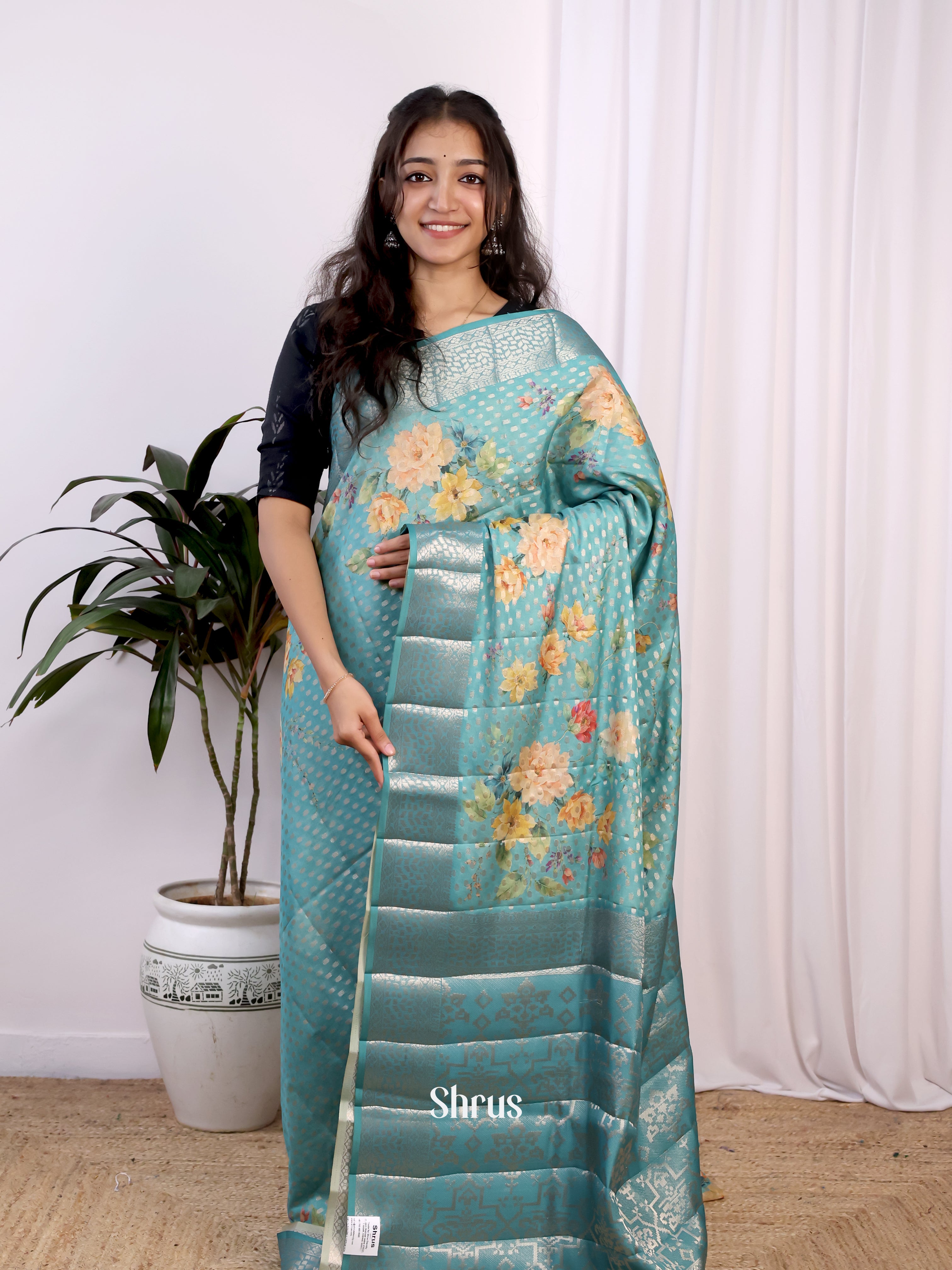 Blue - Printed chanderi Saree