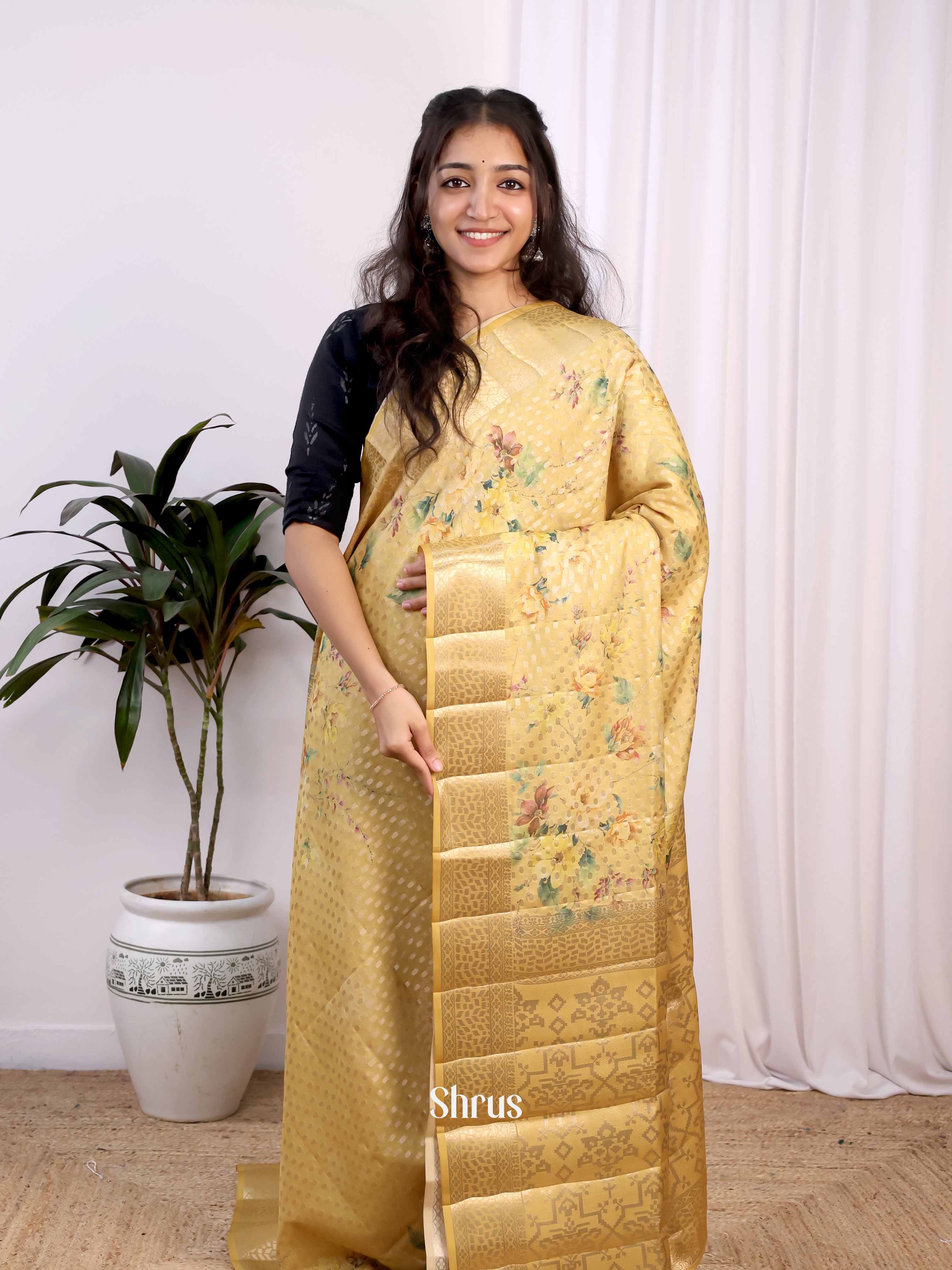 Beige - Printed chanderi Saree