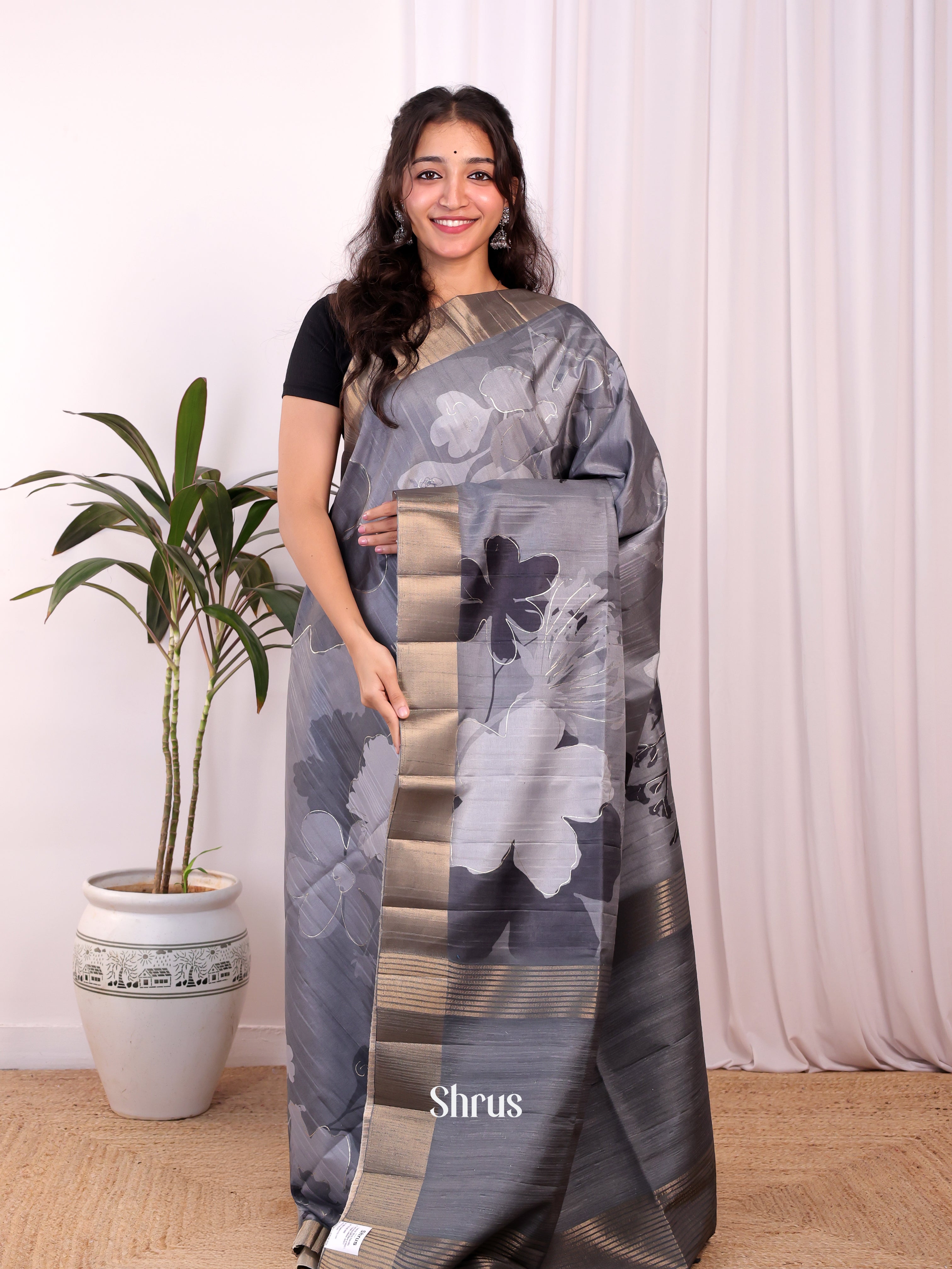 Grey - Moonga Saree - Shop on Shrus.com