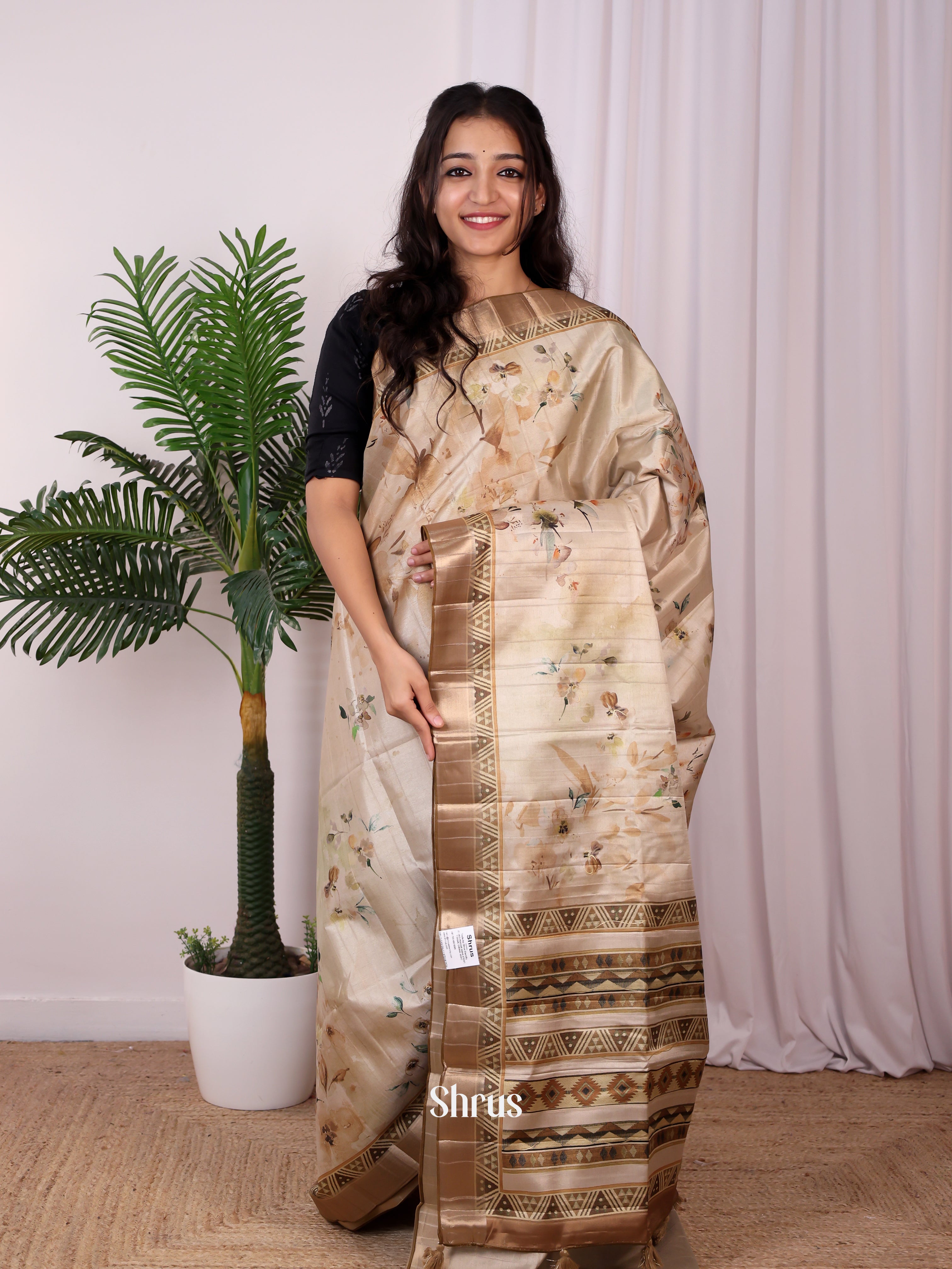 Cream & Brown - Semi Tussar Saree