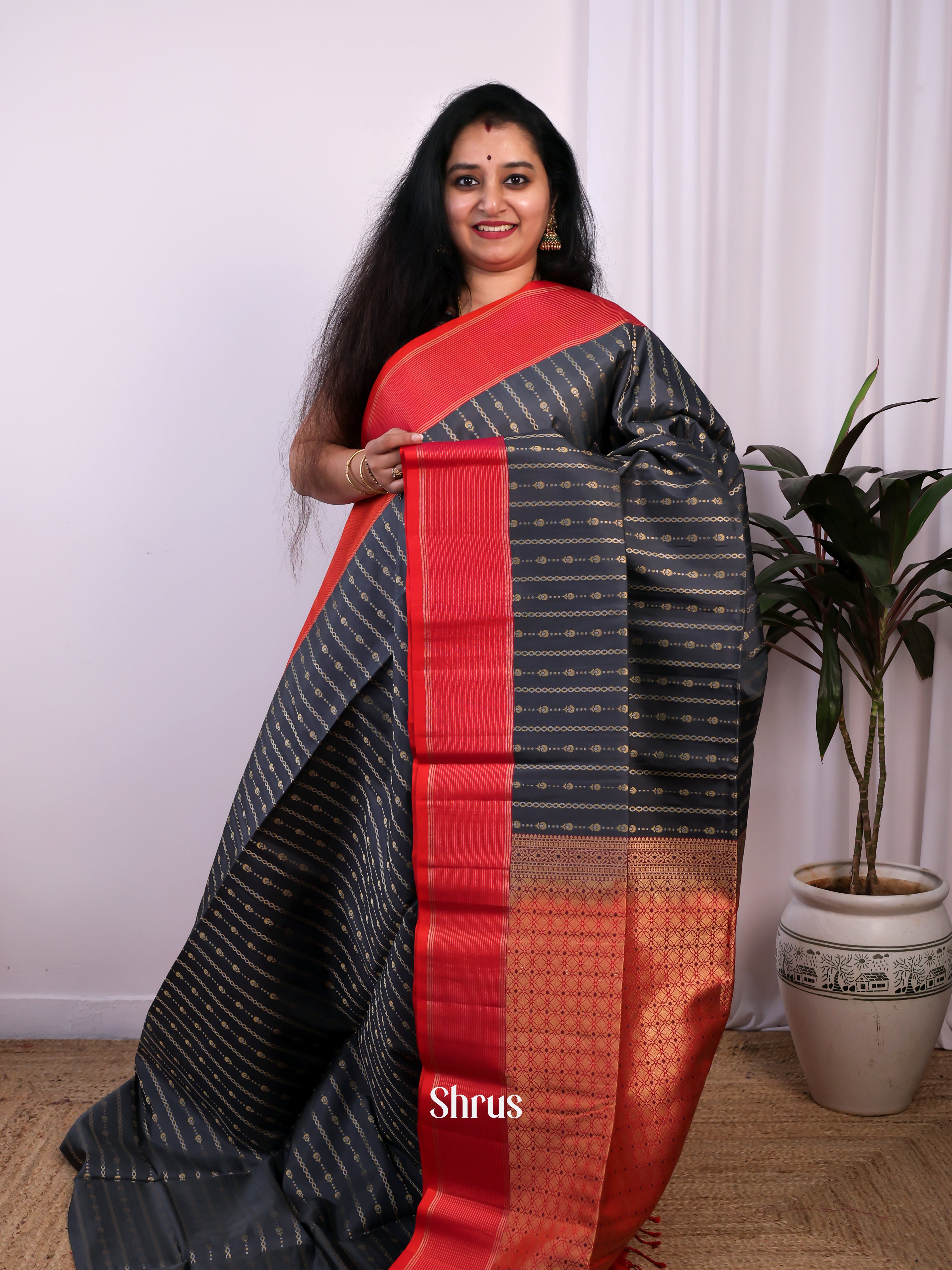 Grey & Red - Soft Silk Saree