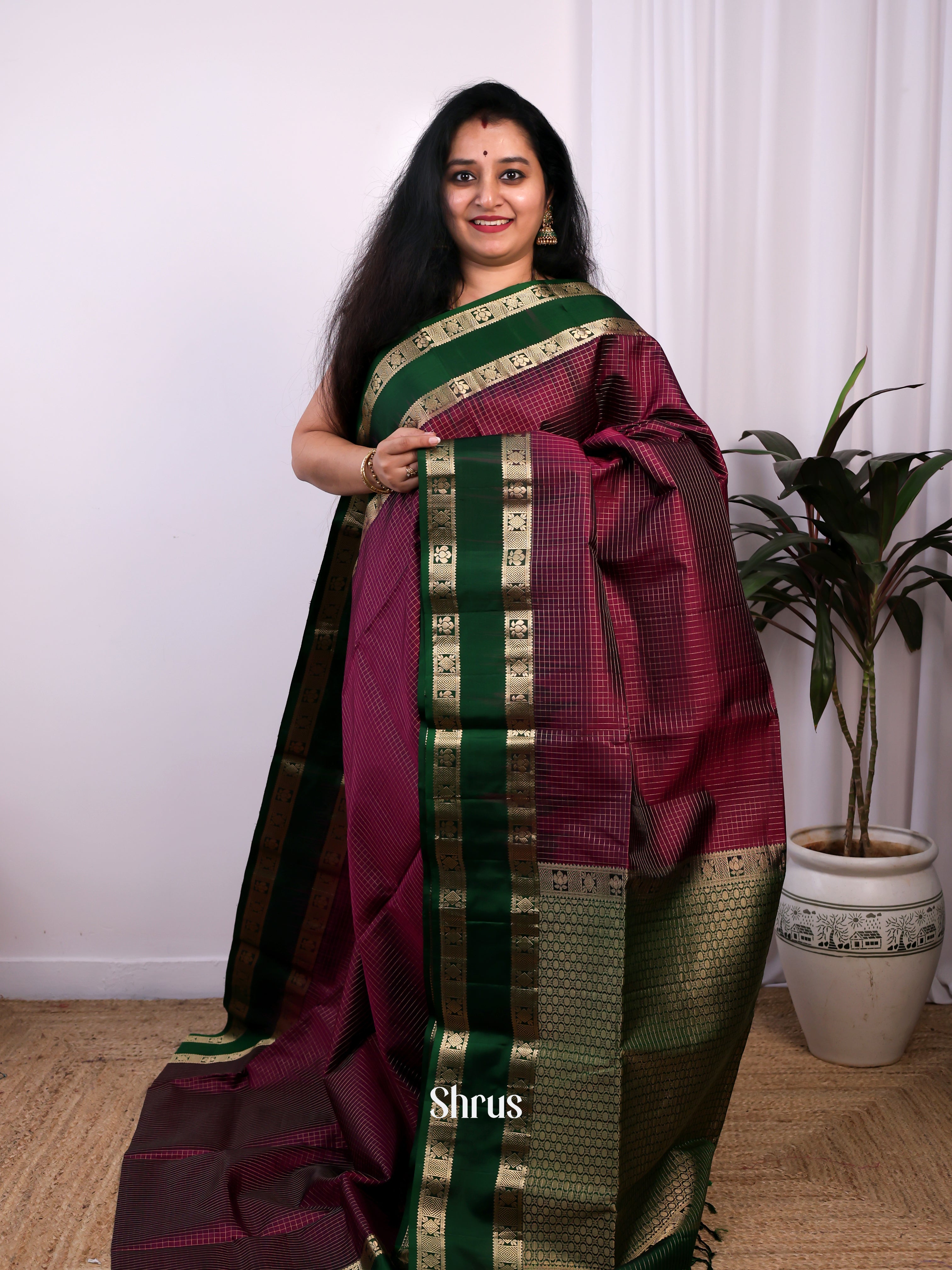 WIne & Green - Soft Silk Saree - Shop on Shrus.com