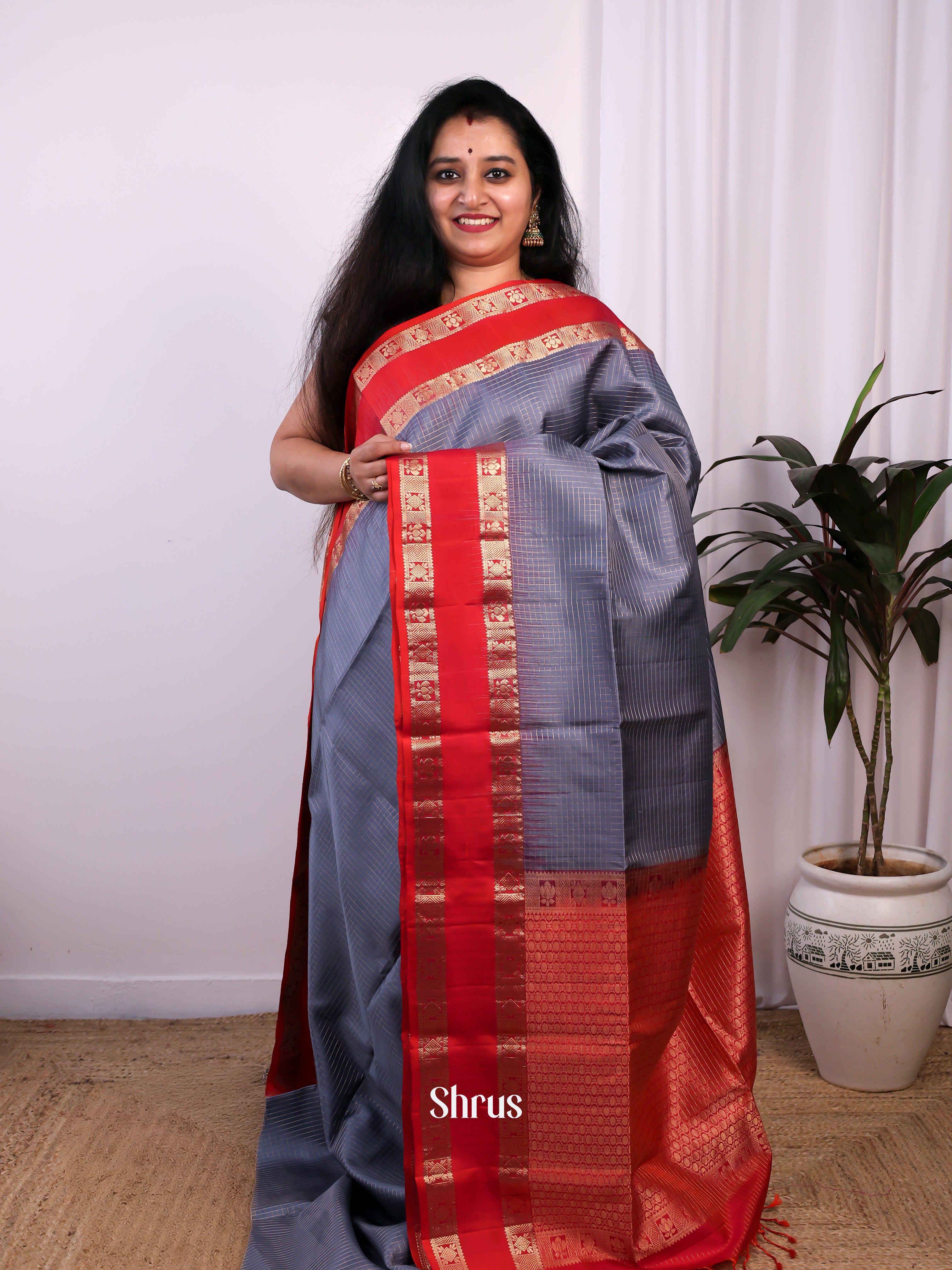 Grey & Red - Soft Silk Saree