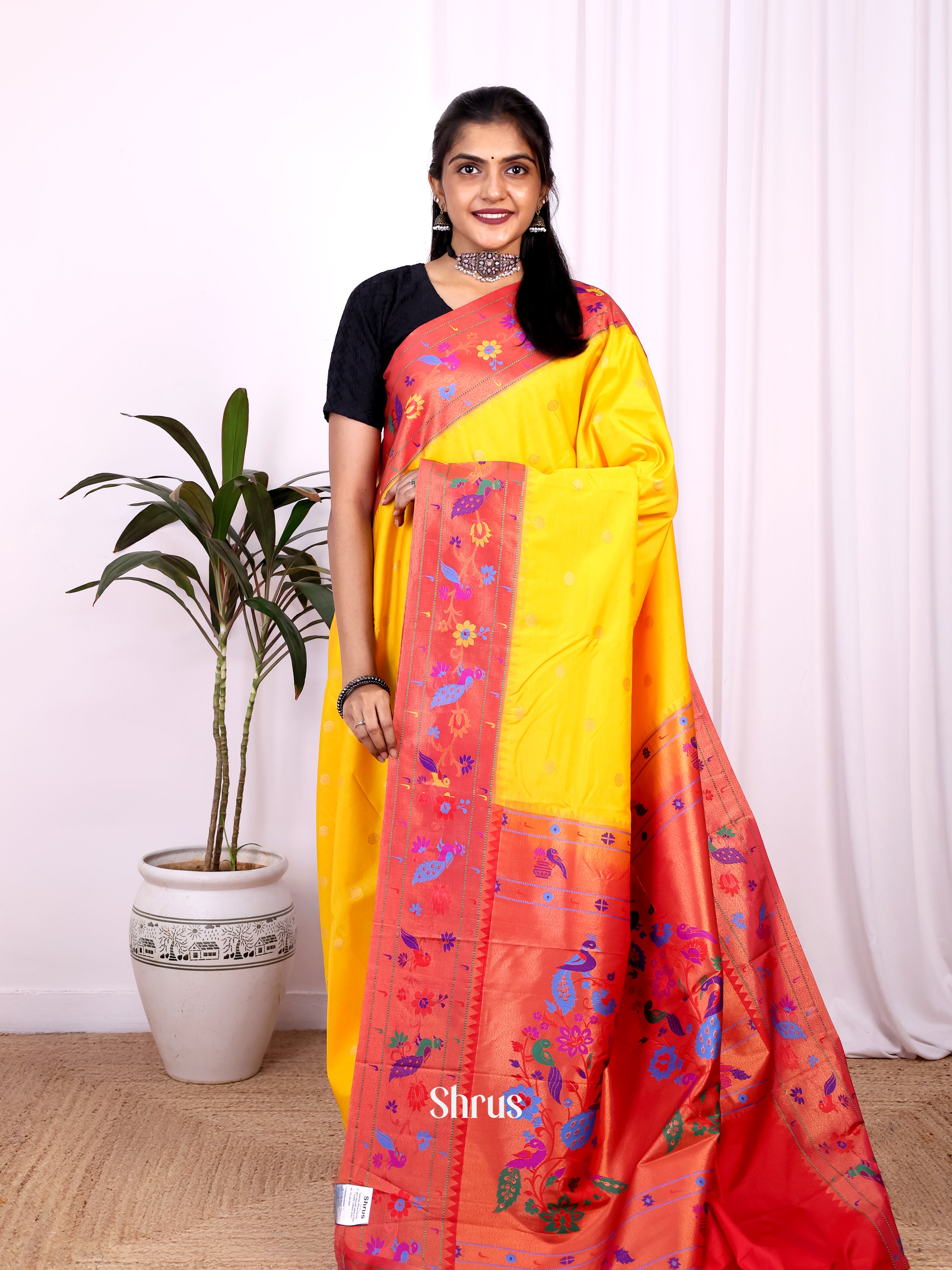 Yellow & Red - Gadwal halfpure Saree