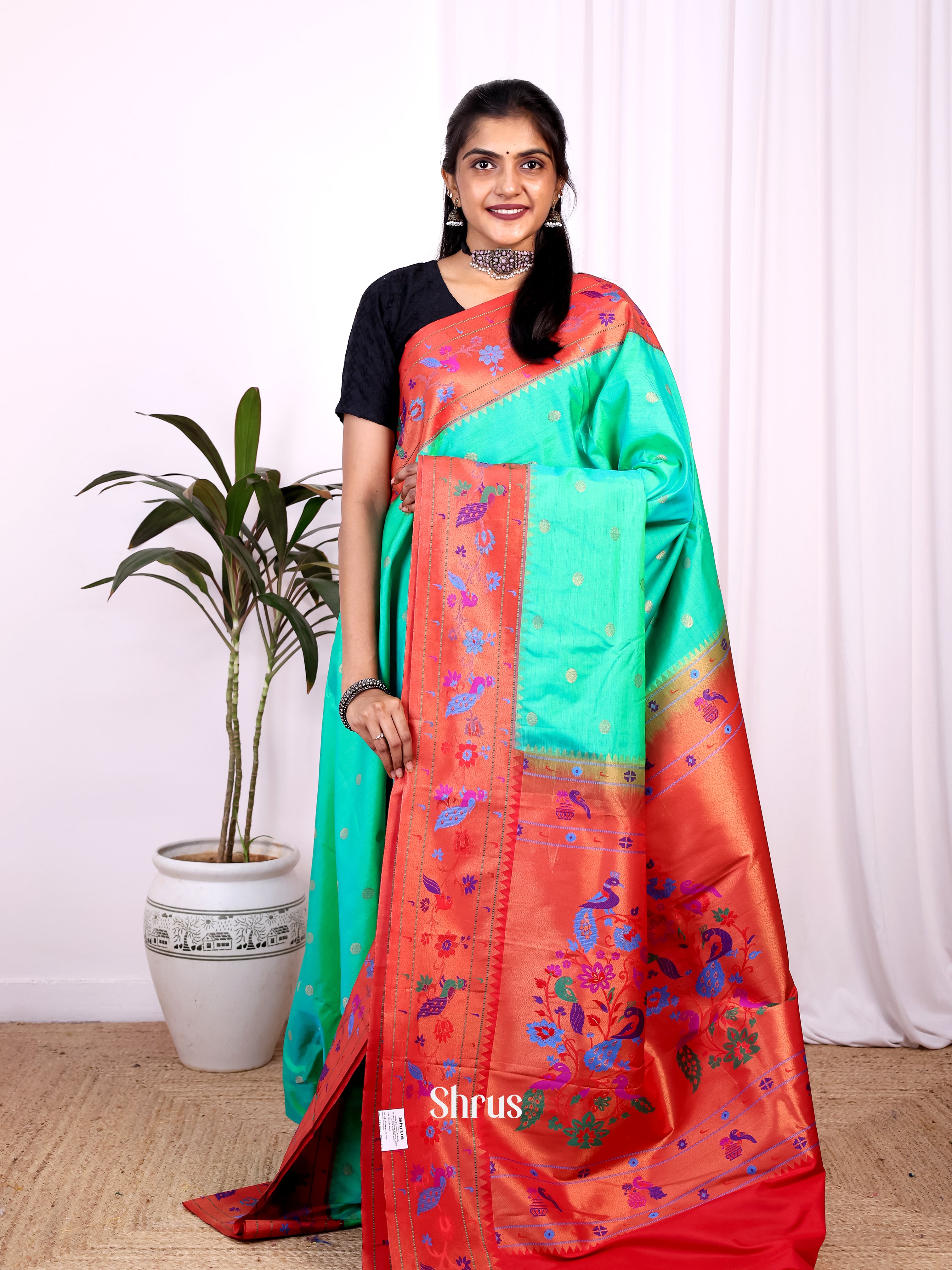 Green  &  Red - Gadwal halfpure Saree