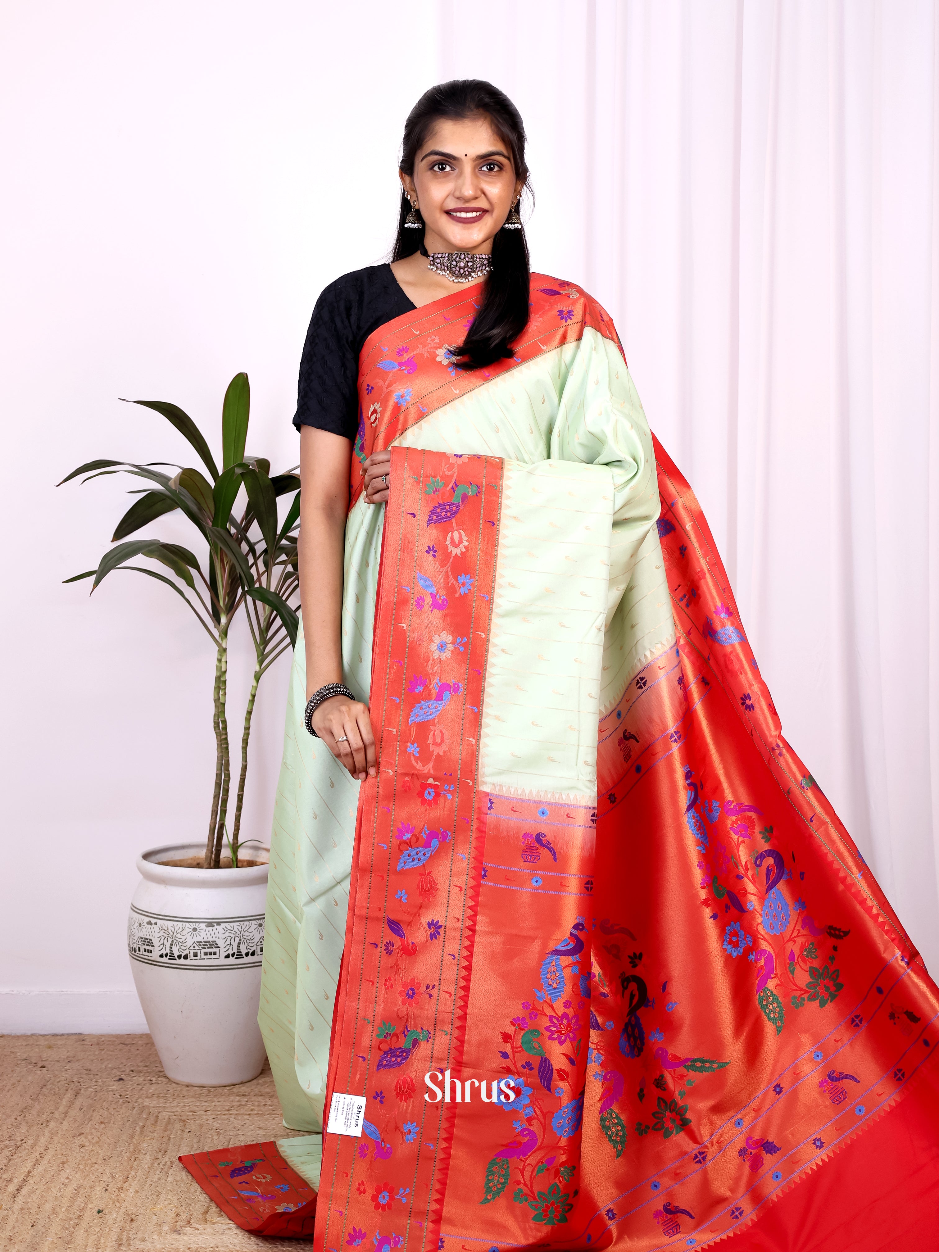 Ice Green & Red - Gadwal halfpure Saree